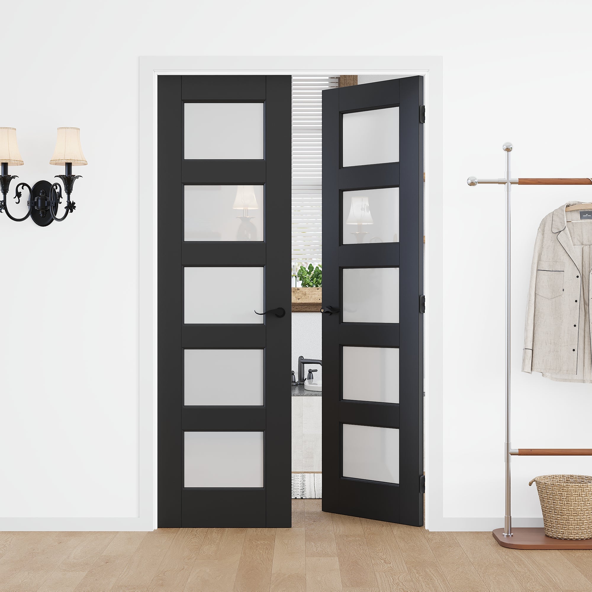 [Black Hardware Prehung French Door Collection] 5-Lite Frosted Glass Black Solid Core Double Prehung French Door with Ready-to-Assemble White Jamb