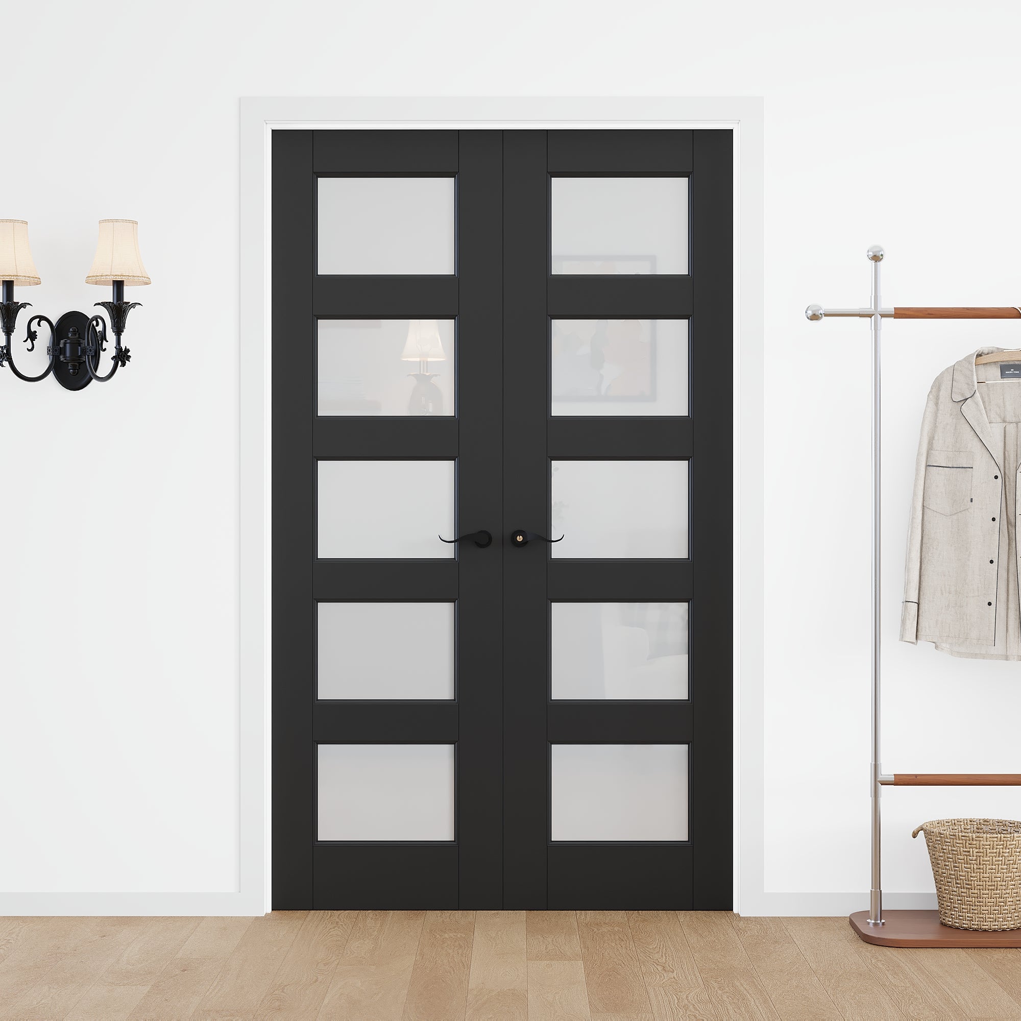 [Black Hardware Prehung French Door Collection] 5-Lite Frosted Glass Black Solid Core Double Prehung French Door with Ready-to-Assemble White Jamb