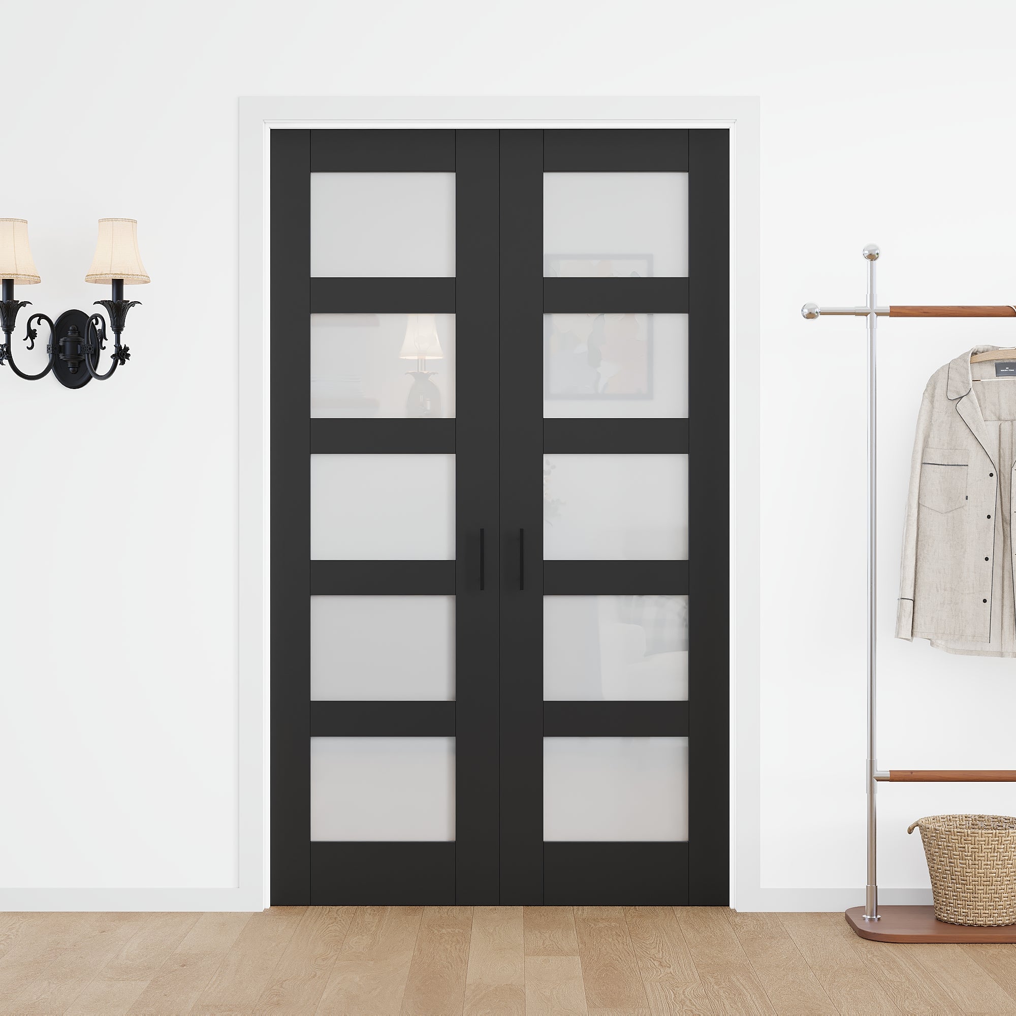 [Black Ball Catch Prehung French Door Collection] 5-Lite Frosted Glass Black Solid Core Glass French Door Panels with Black Ball Catch Ready-to-Assemble White Jamb