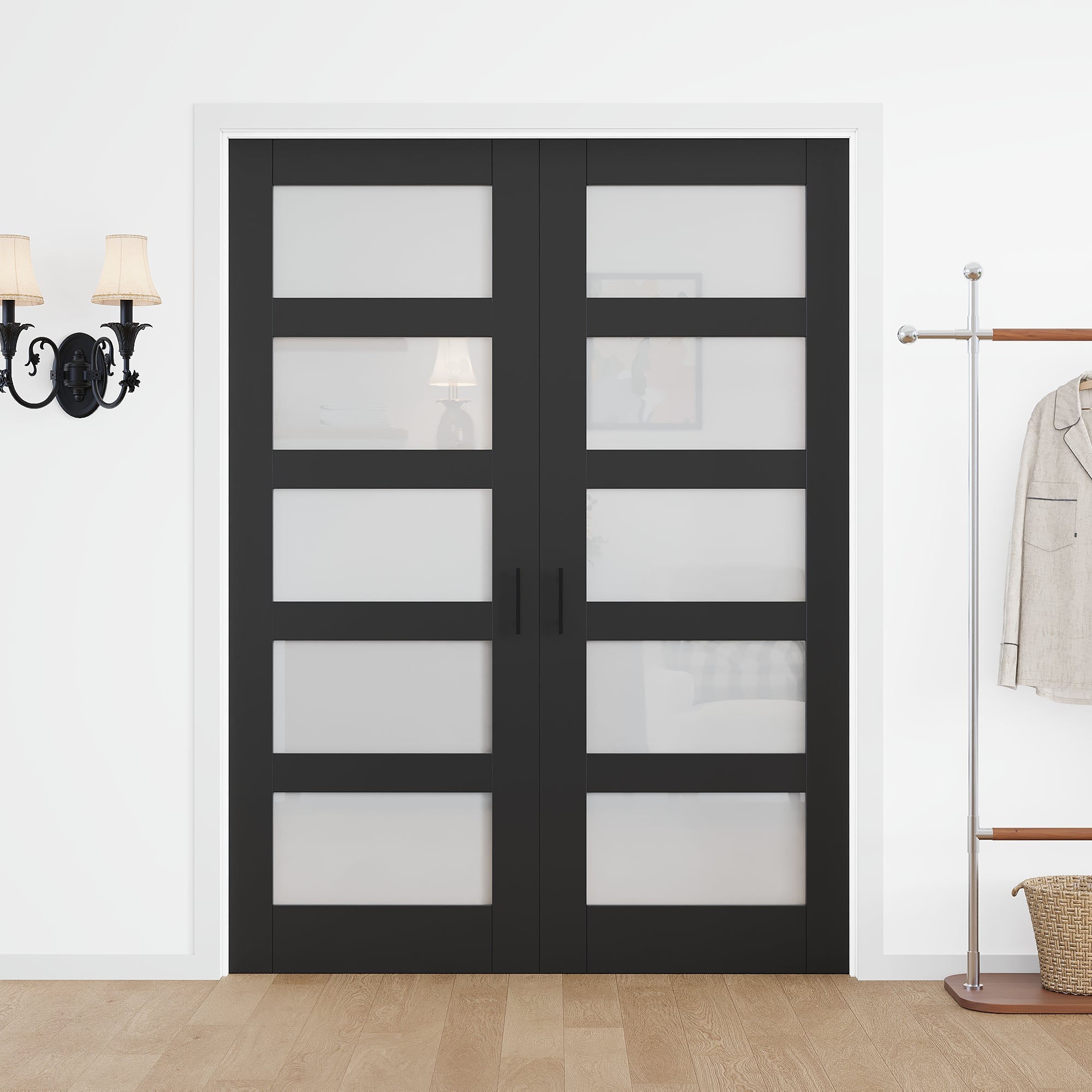 [Black Ball Catch Prehung French Door Collection] 5-Lite Frosted Glass Black Solid Core Glass French Door Panels with Black Ball Catch Ready-to-Assemble White Jamb