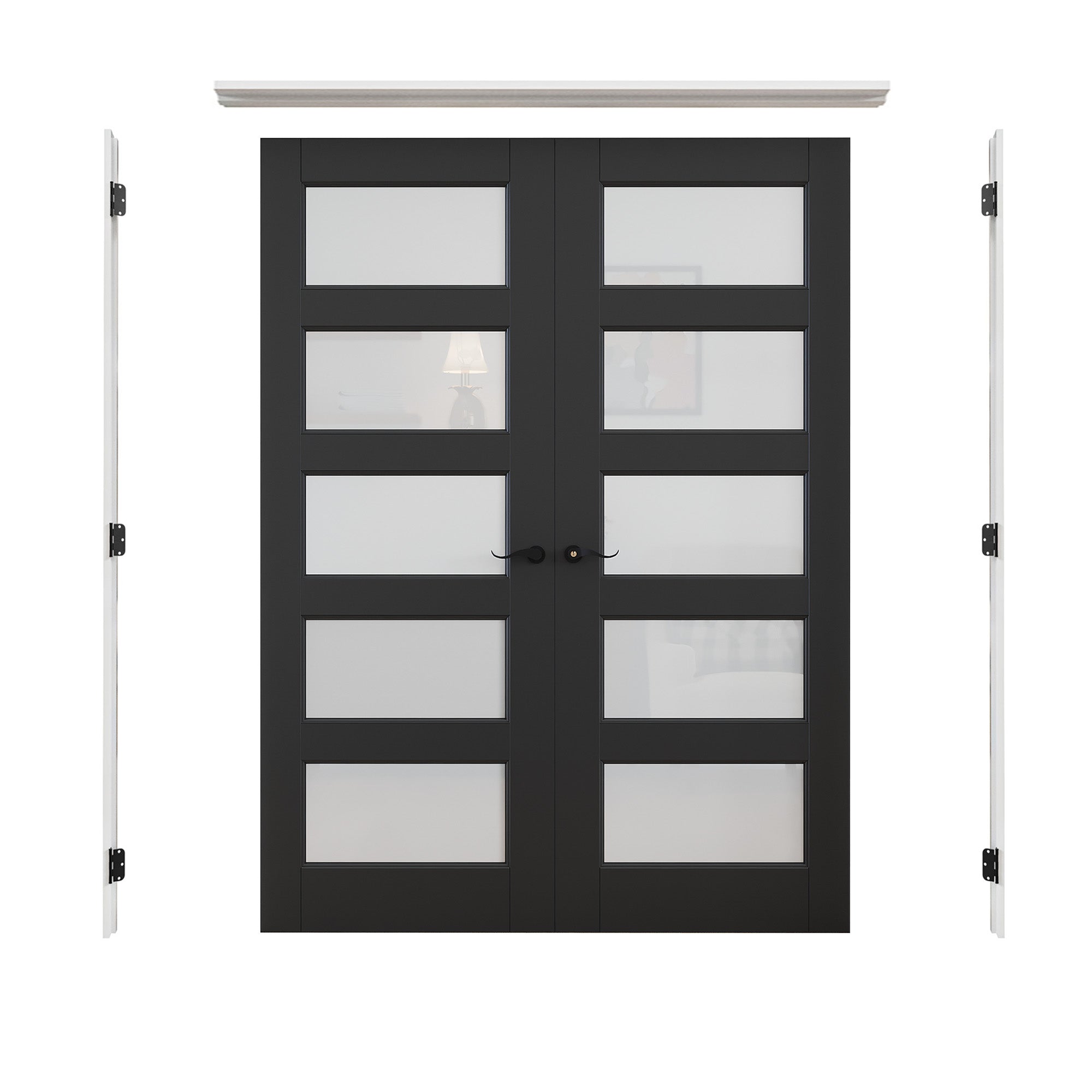 [Black Hardware Prehung French Door Collection] 5-Lite Frosted Glass Black Solid Core Double Prehung French Door with Ready-to-Assemble White Jamb