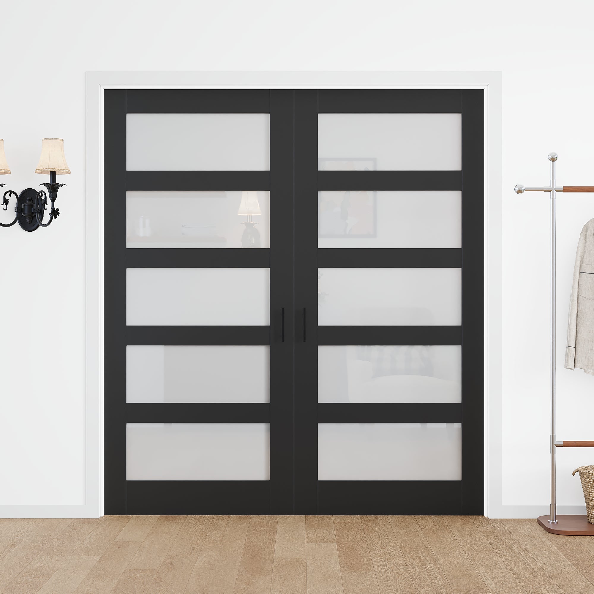 [Black Ball Catch Prehung French Door Collection] 5-Lite Frosted Glass Black Solid Core Glass French Door Panels with Black Ball Catch Ready-to-Assemble White Jamb