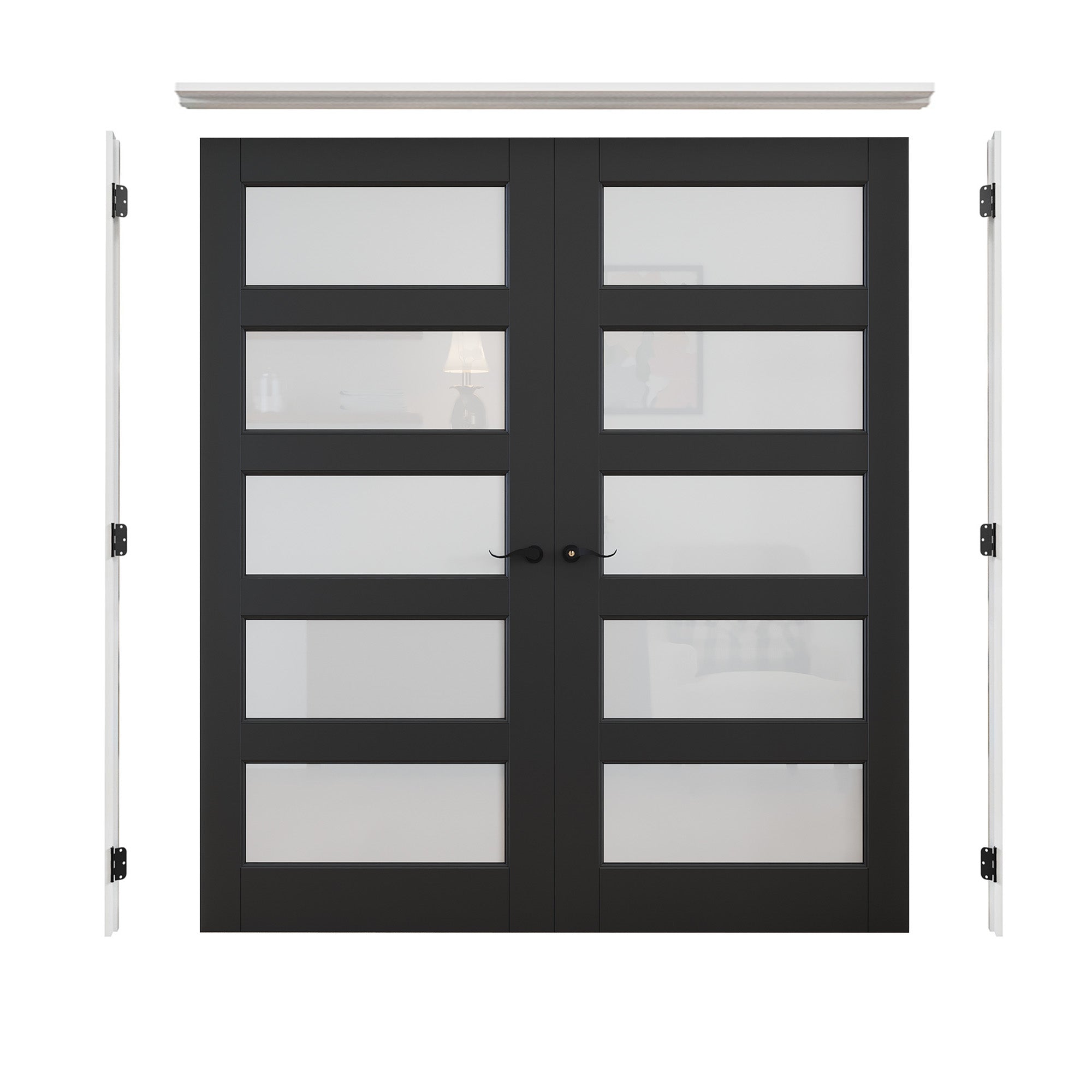 [Black Hardware Prehung French Door Collection] 5-Lite Frosted Glass Black Solid Core Double Prehung French Door with Ready-to-Assemble White Jamb