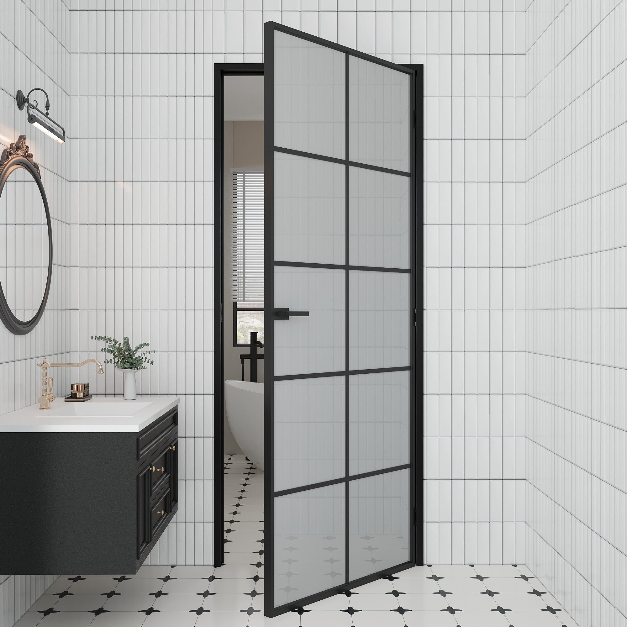 Ark Design 10-Lite Frosted Glass Aluminum Interior Door Slab with Prehung Aluminum Jamb and Lockset, Black Door Interior, Metal Swing Doors