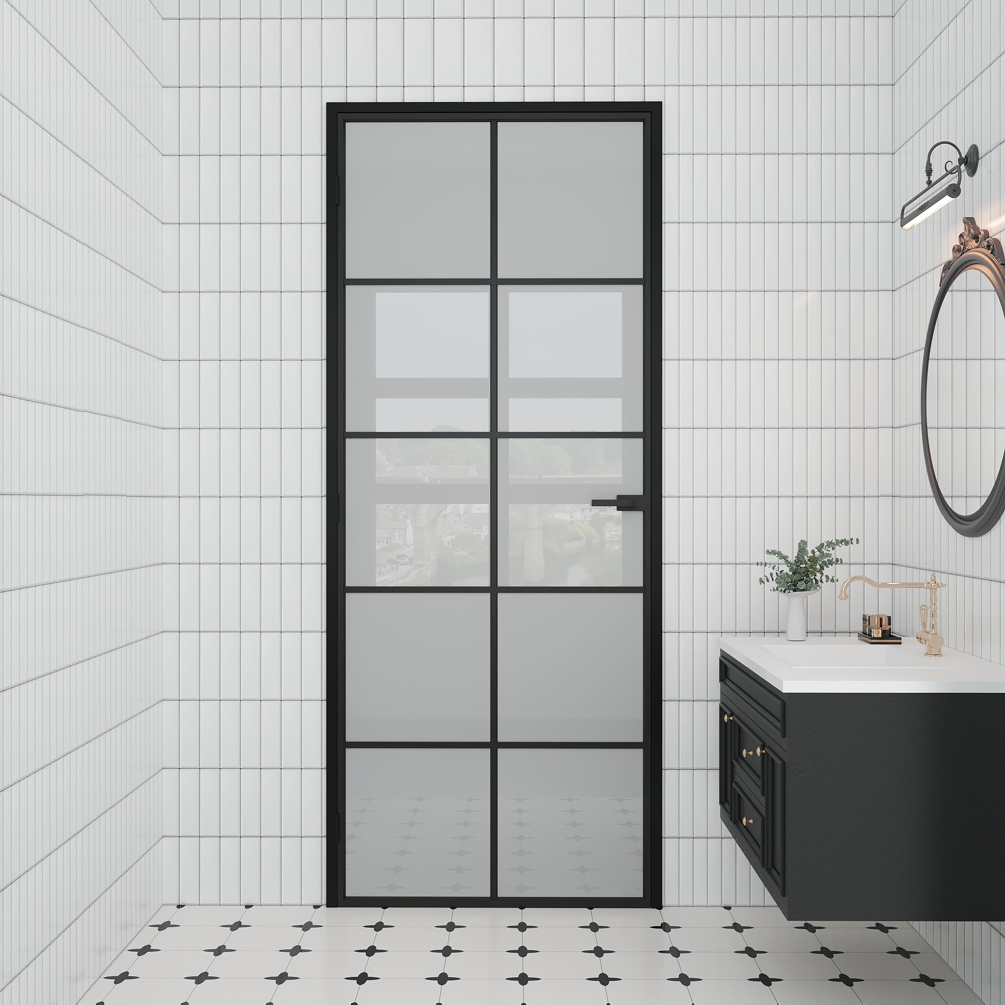 Ark Design 10-Lite Frosted Glass Aluminum Interior Door Slab with Prehung Aluminum Jamb and Lockset, Black Door Interior, Metal Swing Doors