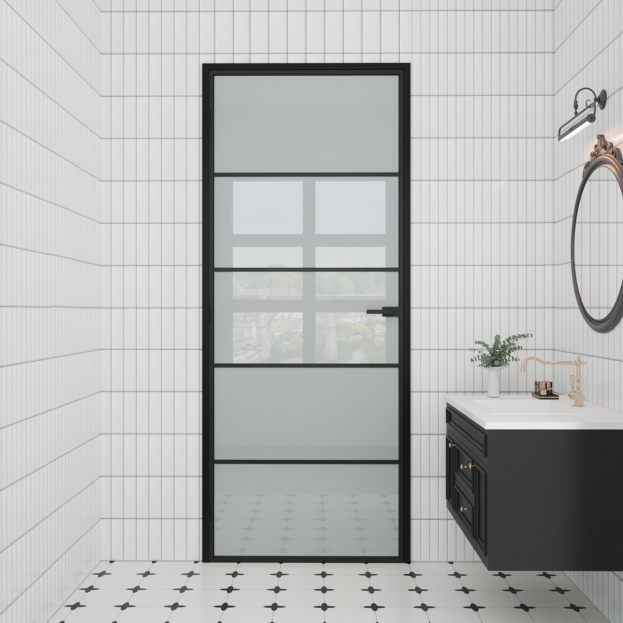 Ark Design 5-Lite Frosted Glass Aluminum Interior Door Slab with Prehung Aluminum Jamb and Lockset, Black Door Interior, Metal Swing Doors