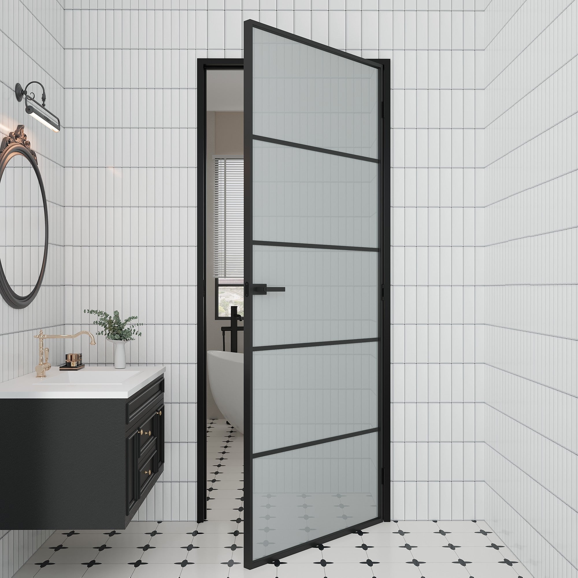 Ark Design 5-Lite Frosted Glass Aluminum Interior Door Slab with Prehung Aluminum Jamb and Lockset, Black Door Interior, Metal Swing Doors