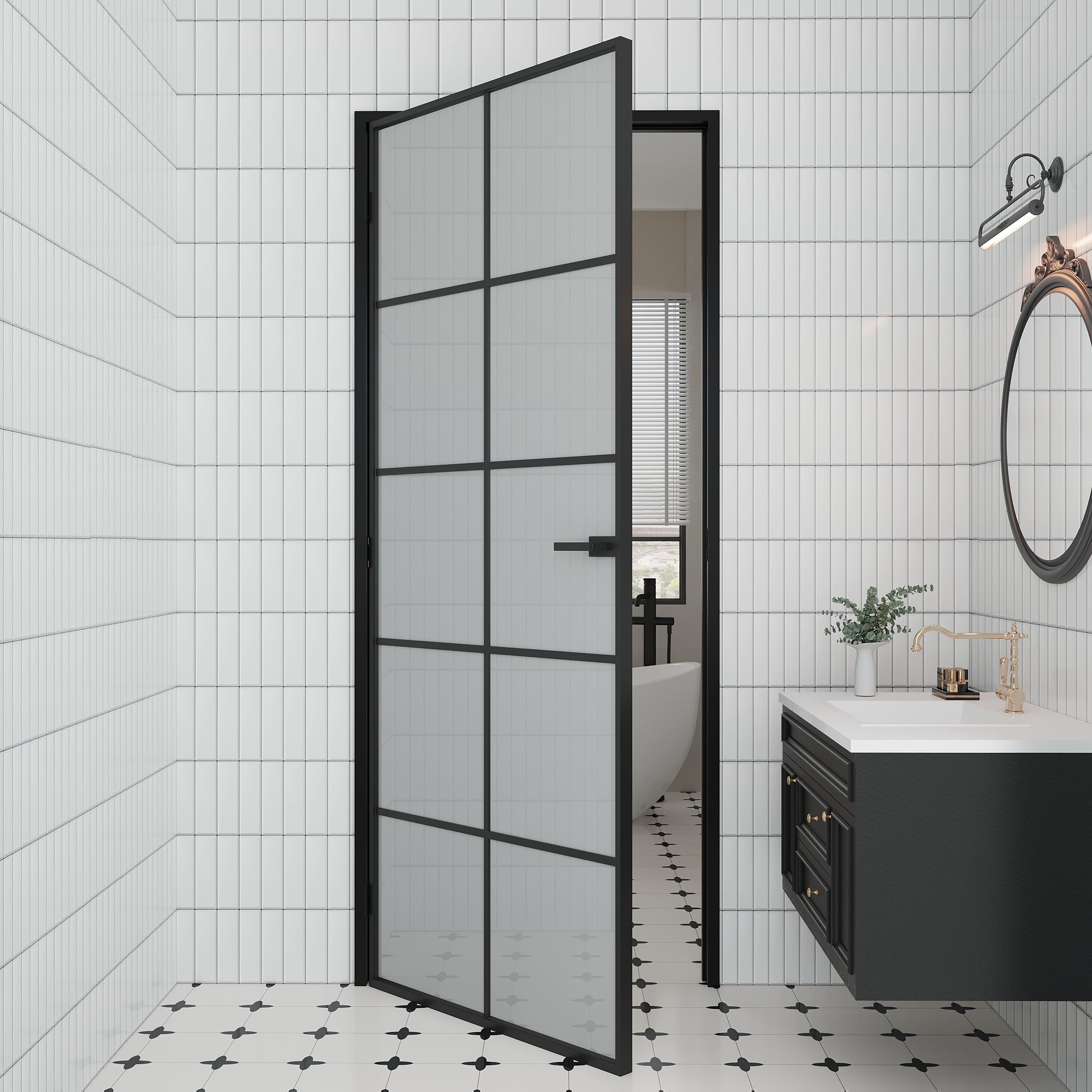 Ark Design 10-Lite Frosted Glass Aluminum Interior Door Slab with Prehung Aluminum Jamb and Lockset, Black Door Interior, Metal Swing Doors