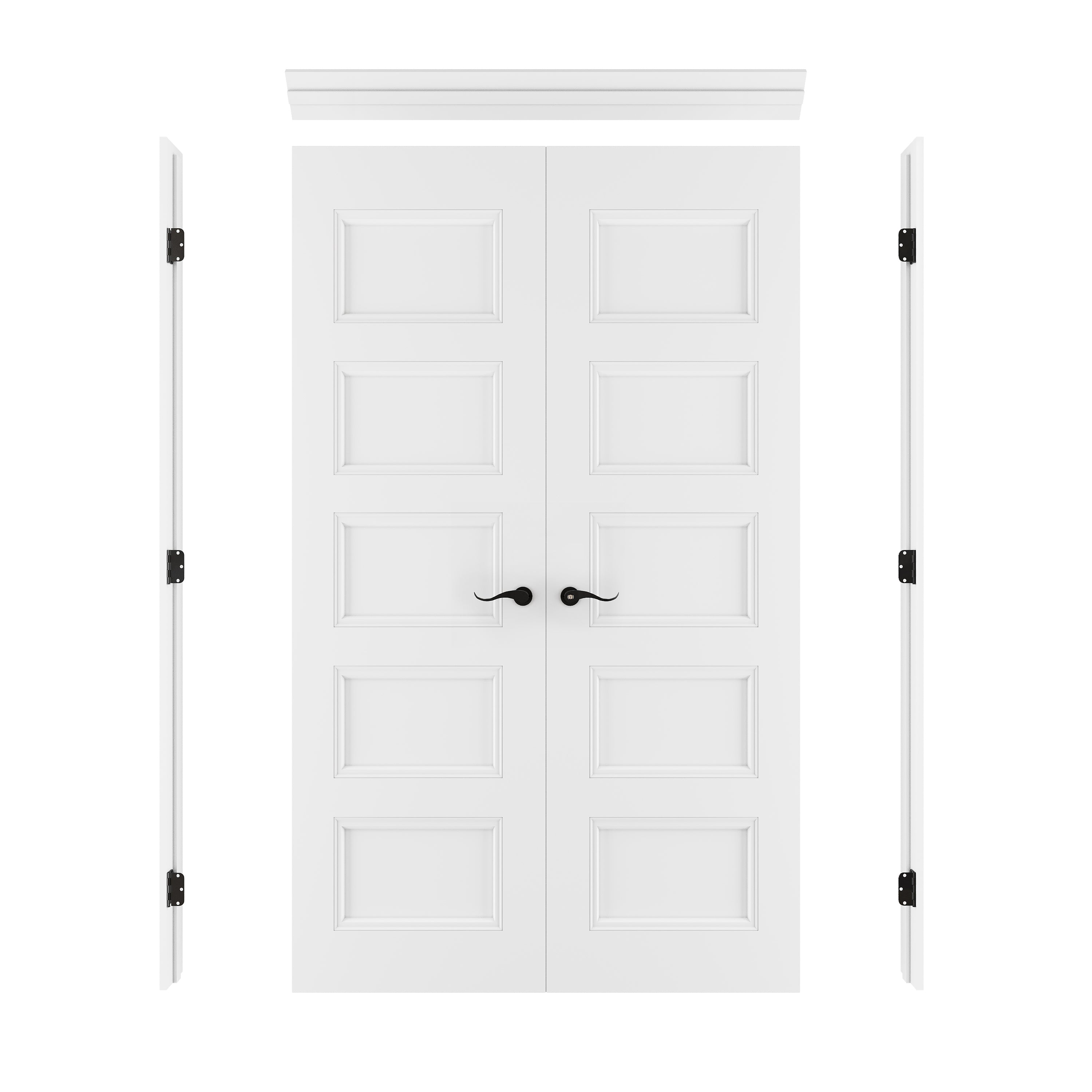[Black Hardware Prehung French Door Collection] 5-Lite Panel Molded French Door with Hardware Kit & Ready-to-Assemble Jamb, Solid Core MDF Wood, White
