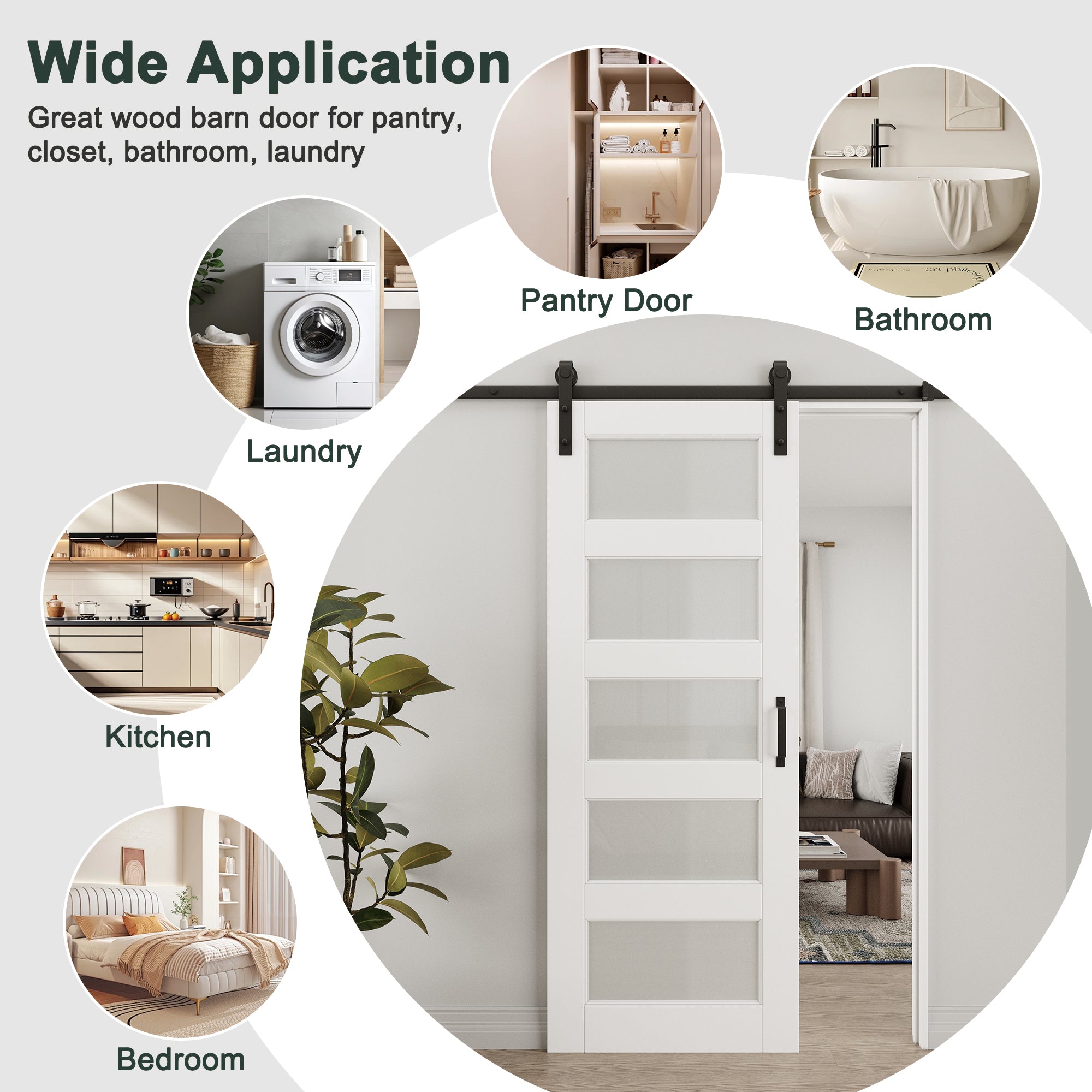 Ark Design 5-Lite Tempered Frosted Glass White Primed MDF Top Mounted Composite Double Sliding Barn Doors with Hardware Kit