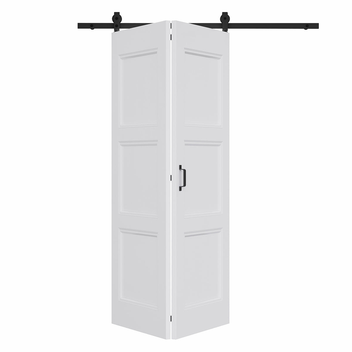 [Paintable] 3-Lite Molded Panel Bifold Barn Door MDF Wood, Prefinished & Paintable Surface, with Hardware Kit & Handle & Floor Guide, White