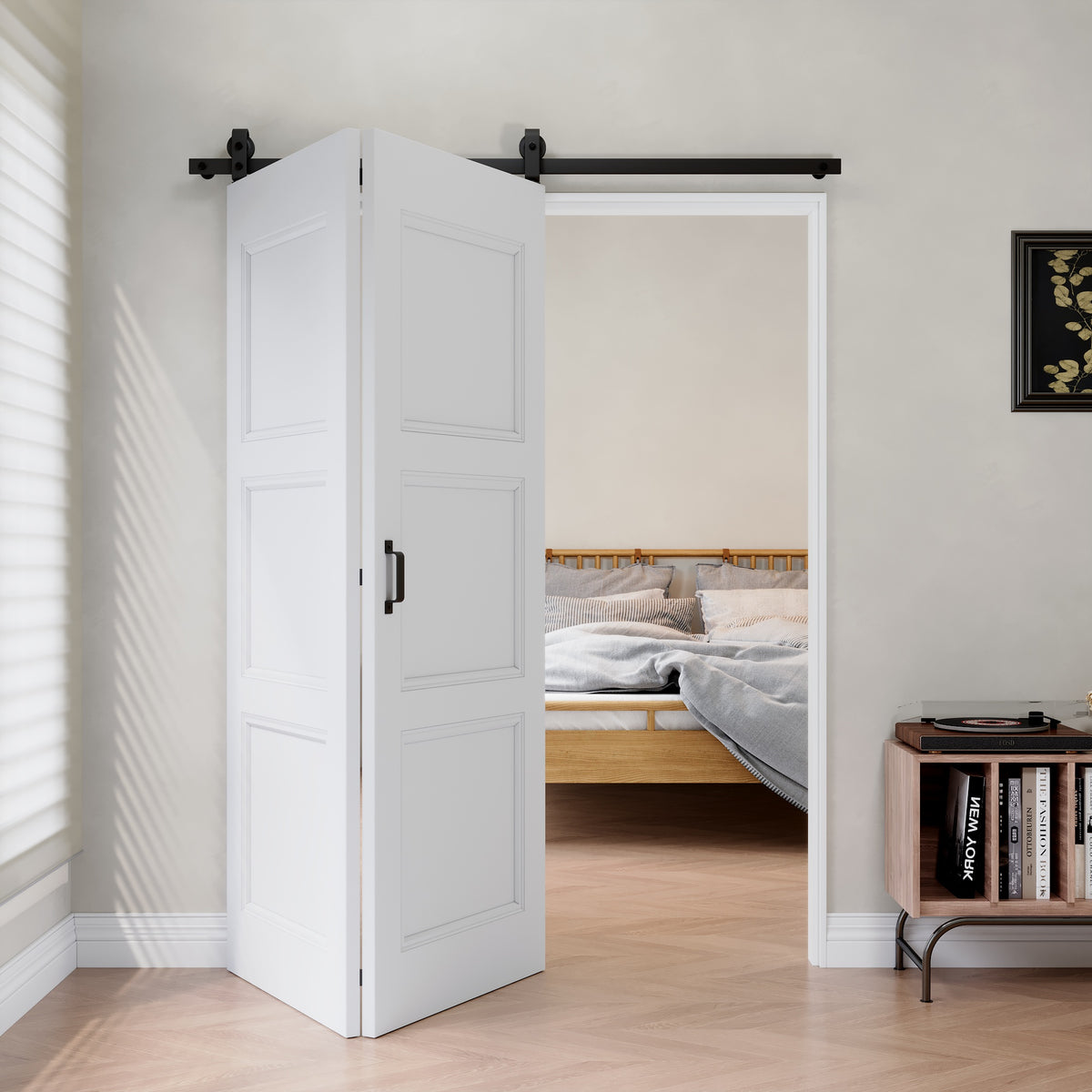 [Paintable] 3-Lite Molded Panel Bifold Barn Door MDF Wood, Prefinished & Paintable Surface, with Hardware Kit & Handle & Floor Guide, White