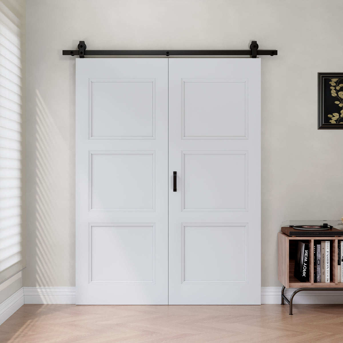 [Paintable] 3-Lite Molded Panel Bifold Barn Door MDF Wood, Prefinished & Paintable Surface, with Hardware Kit & Handle & Floor Guide, White