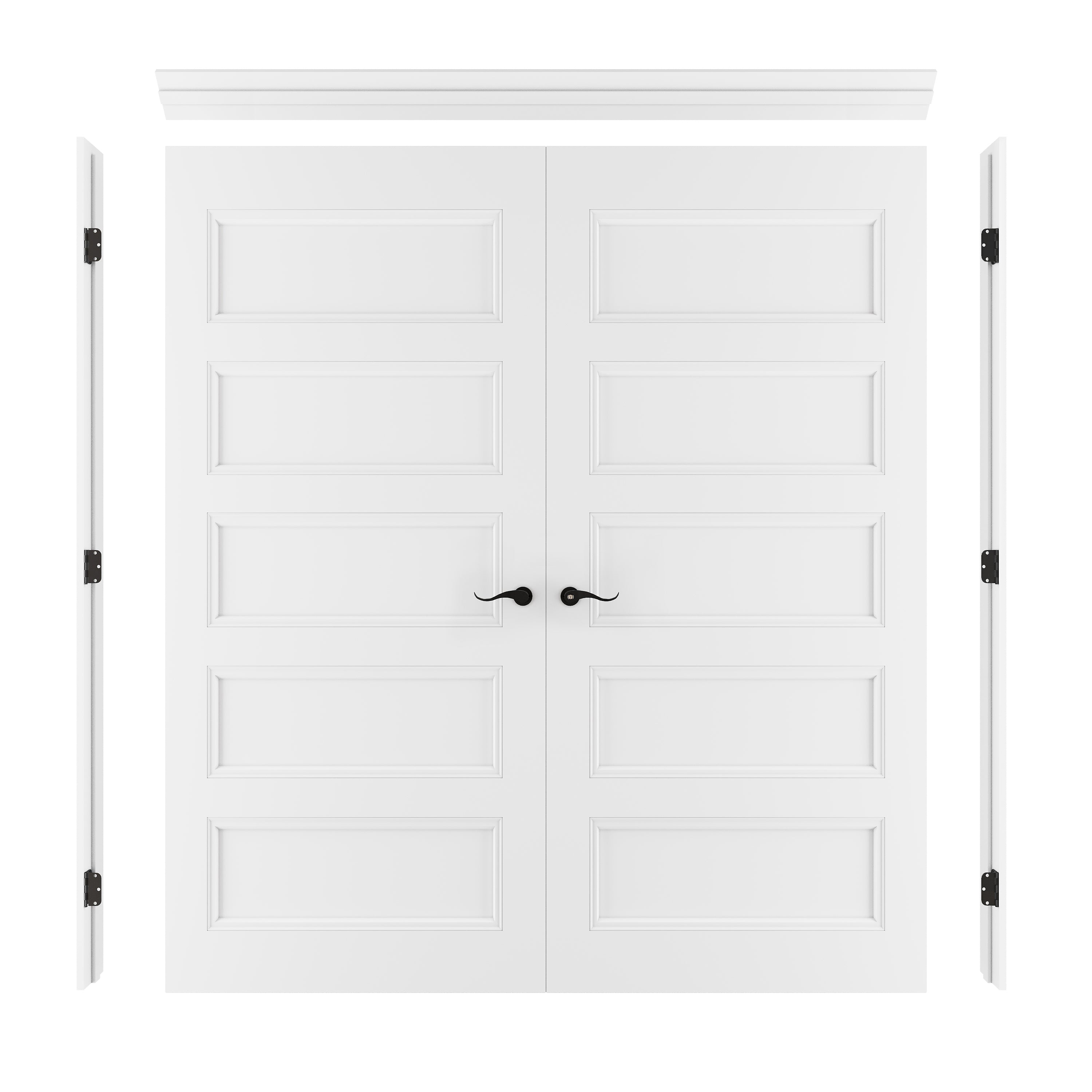 [Black Hardware Prehung French Door Collection] 5-Lite Panel Molded French Door with Hardware Kit & Ready-to-Assemble Jamb, Solid Core MDF Wood, White