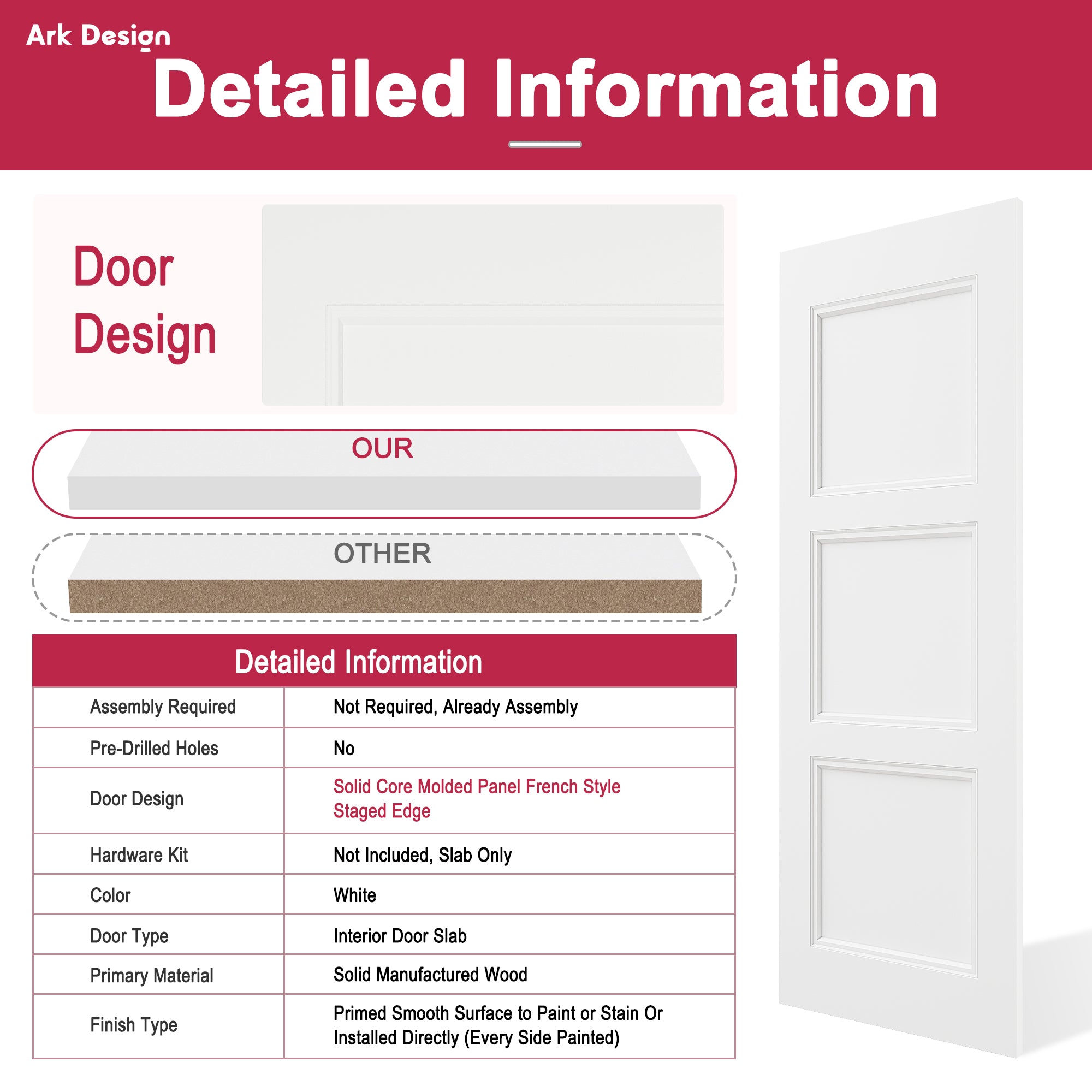 Ark Design 3 lite Panel Pocket Door with Hardware Kit & Soft Close & Frame, Solid Core MDF Wood & Paint-grade Finished, White