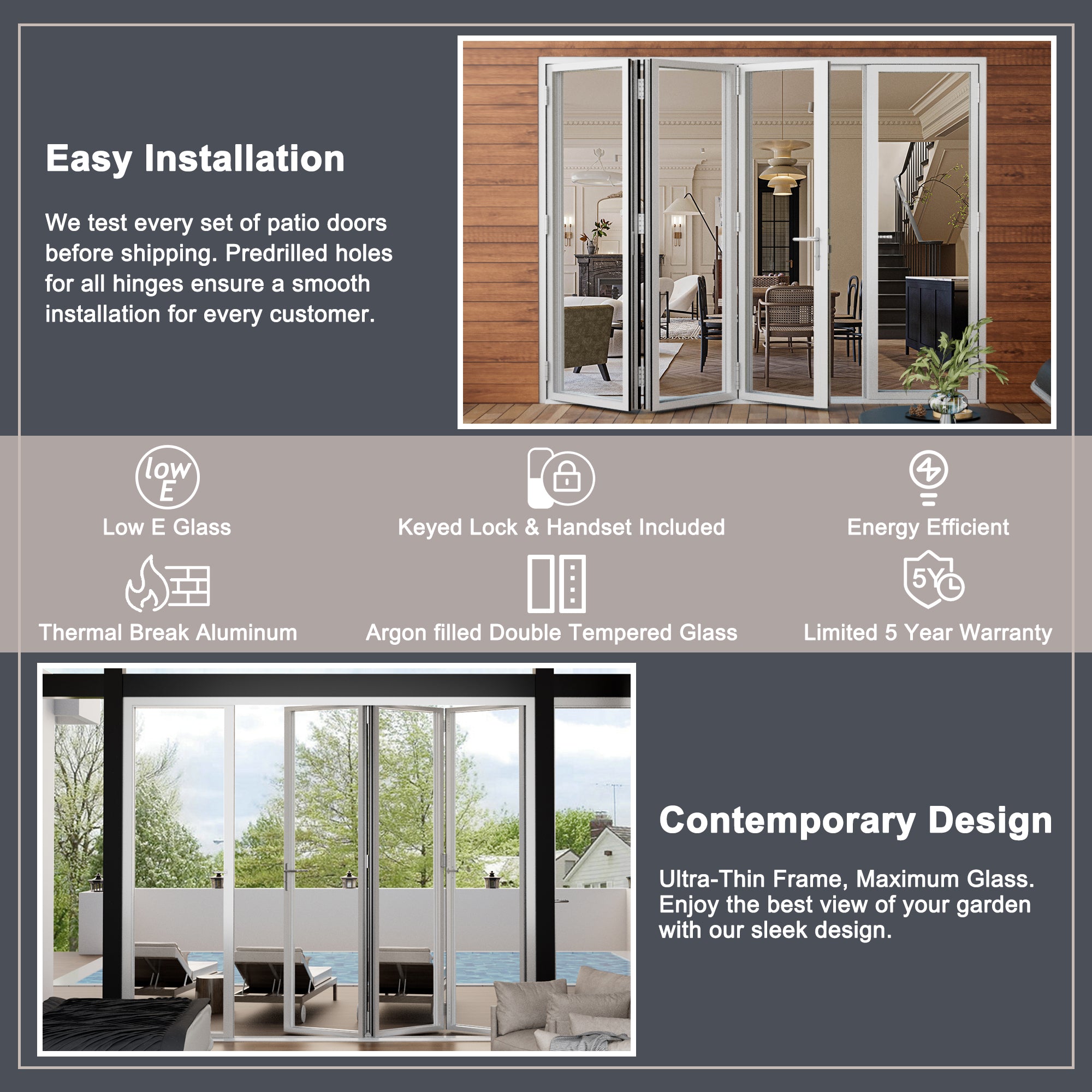 Ark Design 3 Panel Center Opening Outswing Double Tempered Glass White Aluminum Folding Patio Door