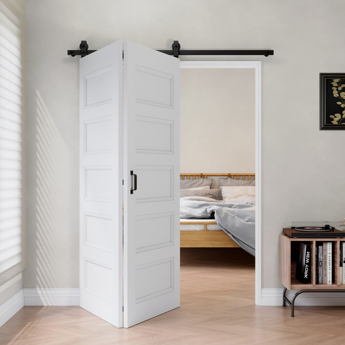 [Paintable] 5-Lite Molded Panel Bifold Barn Door MDF Wood, Prefinished & Paintable Surface, with Hardware Kit & Handle & Floor Guide, White