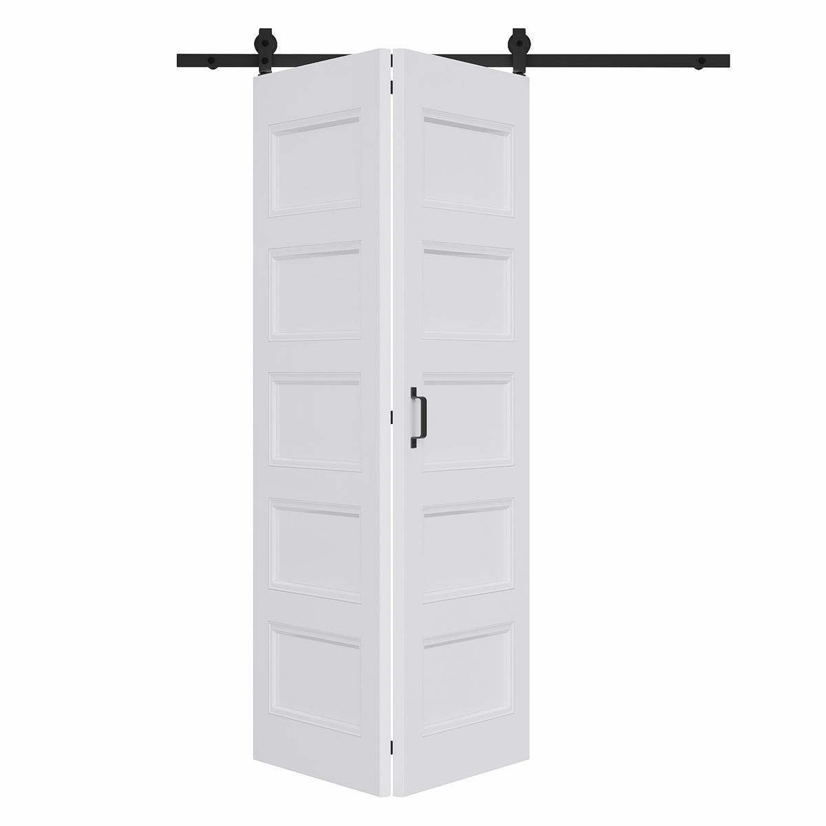 [Paintable] 5-Lite Molded Panel Bifold Barn Door MDF Wood, Prefinished & Paintable Surface, with Hardware Kit & Handle & Floor Guide, White