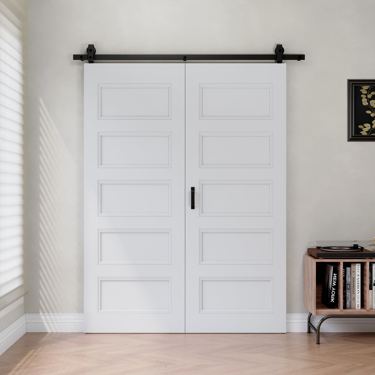 [Paintable] 5-Lite Molded Panel Bifold Barn Door MDF Wood, Prefinished & Paintable Surface, with Hardware Kit & Handle & Floor Guide, White