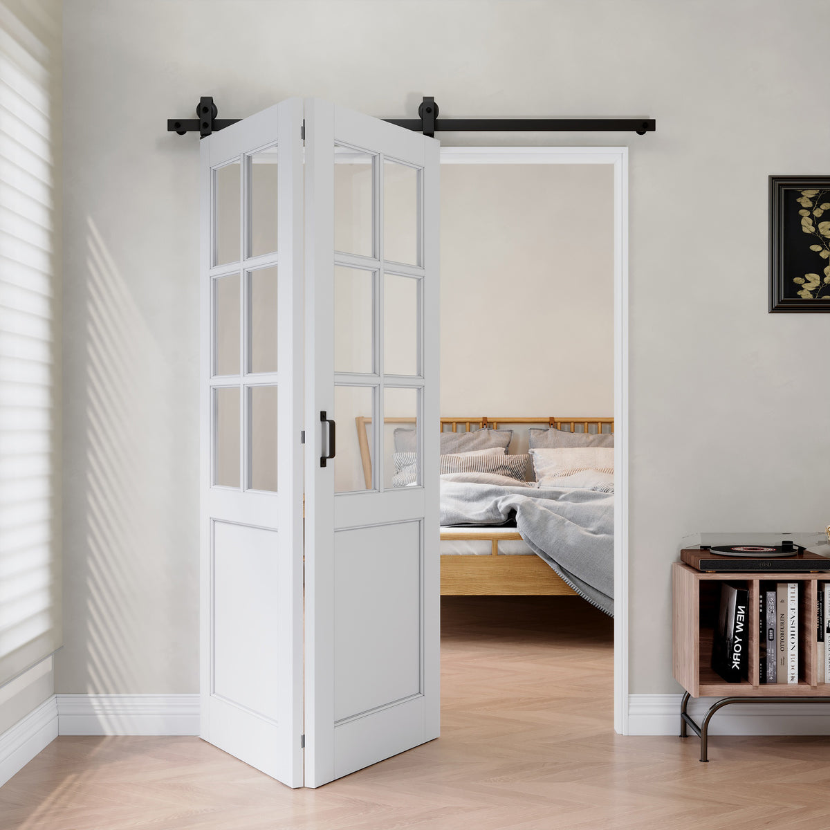 [Paintable] 6-Lite Tempered Clear Glass Bifold Sliding Barn Door, Prefinished & Paintable Surface with Hardware Kit