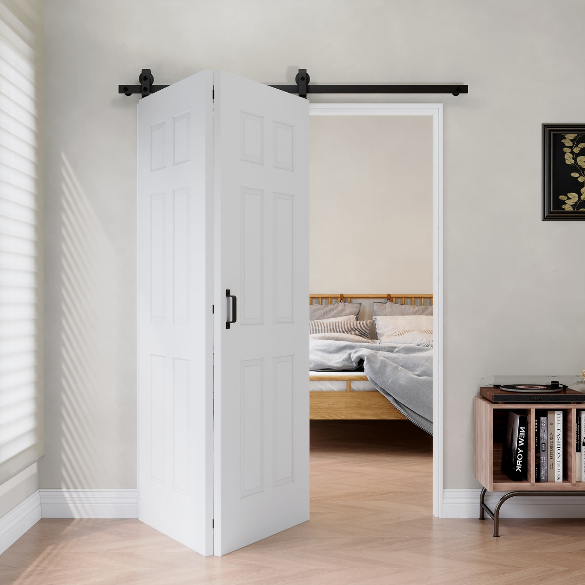 6 Panel Bifold Barn Door MDF Wood, Prefinished & Paintable Surface, with Hardware Kit & Handle & Floor Guide, White