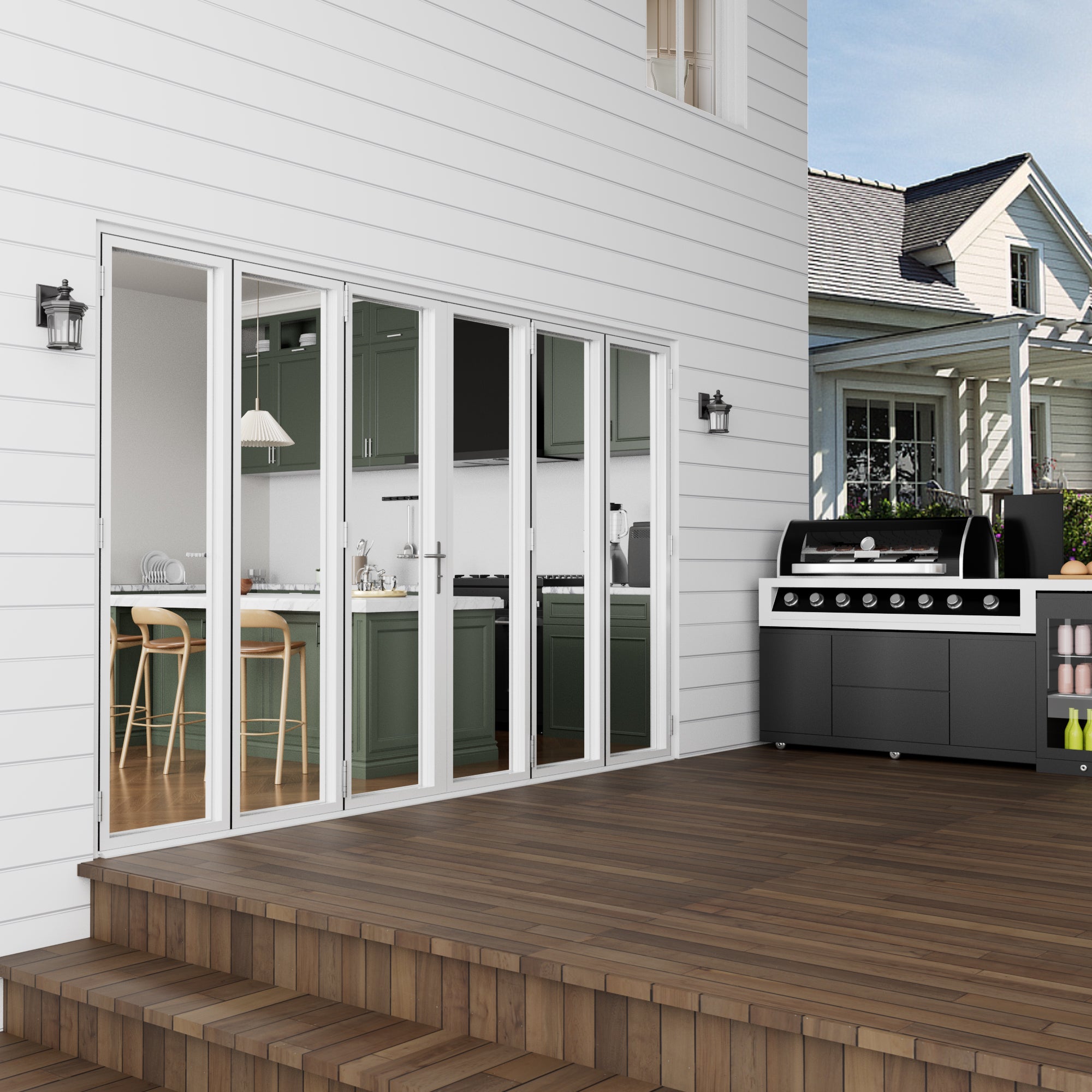 Ark Design 6 Panel Center Opening Outswing Double Tempered Glass White Aluminum Folding Patio Door