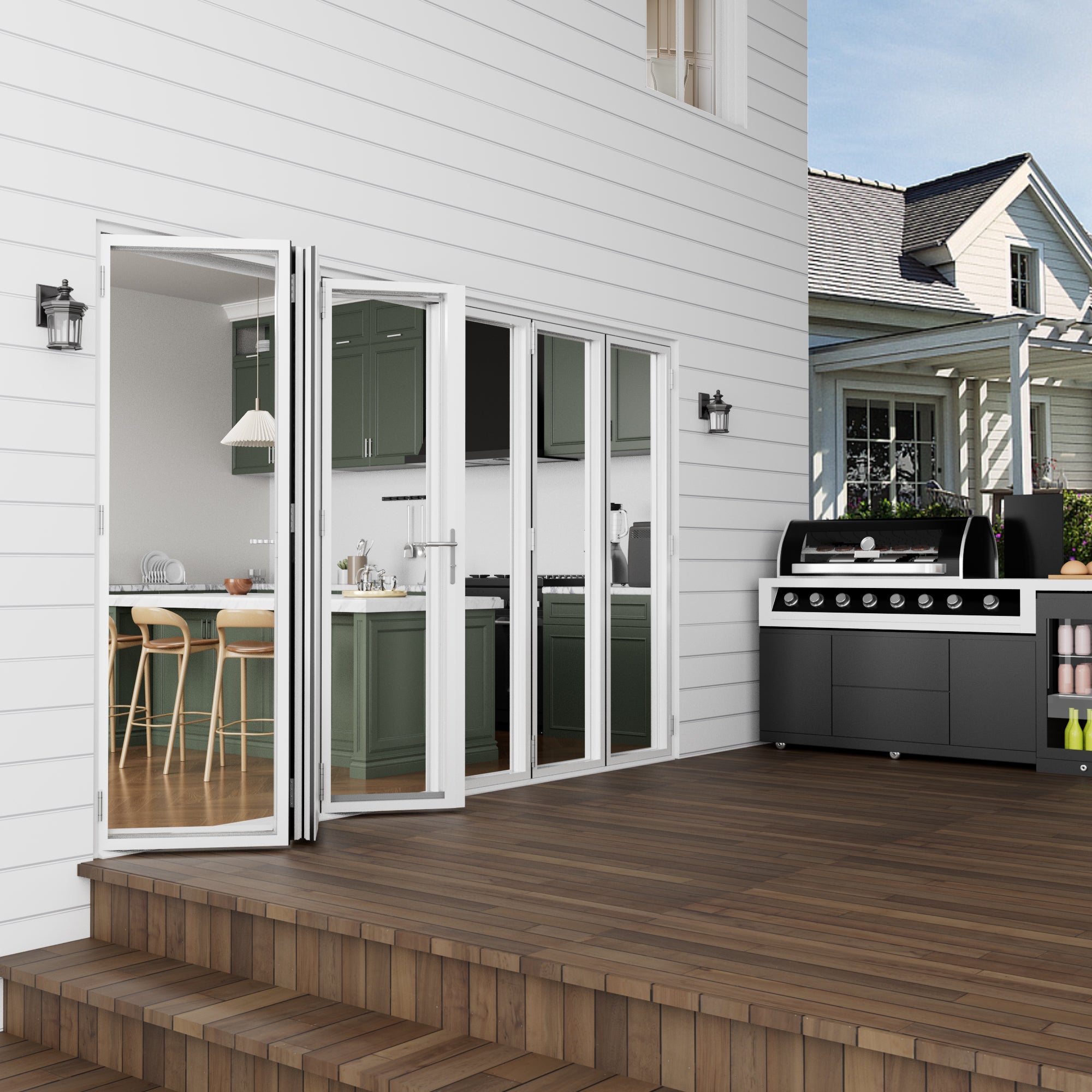 Ark Design 6 Panel Center Opening Outswing Double Tempered Glass White Aluminum Folding Patio Door