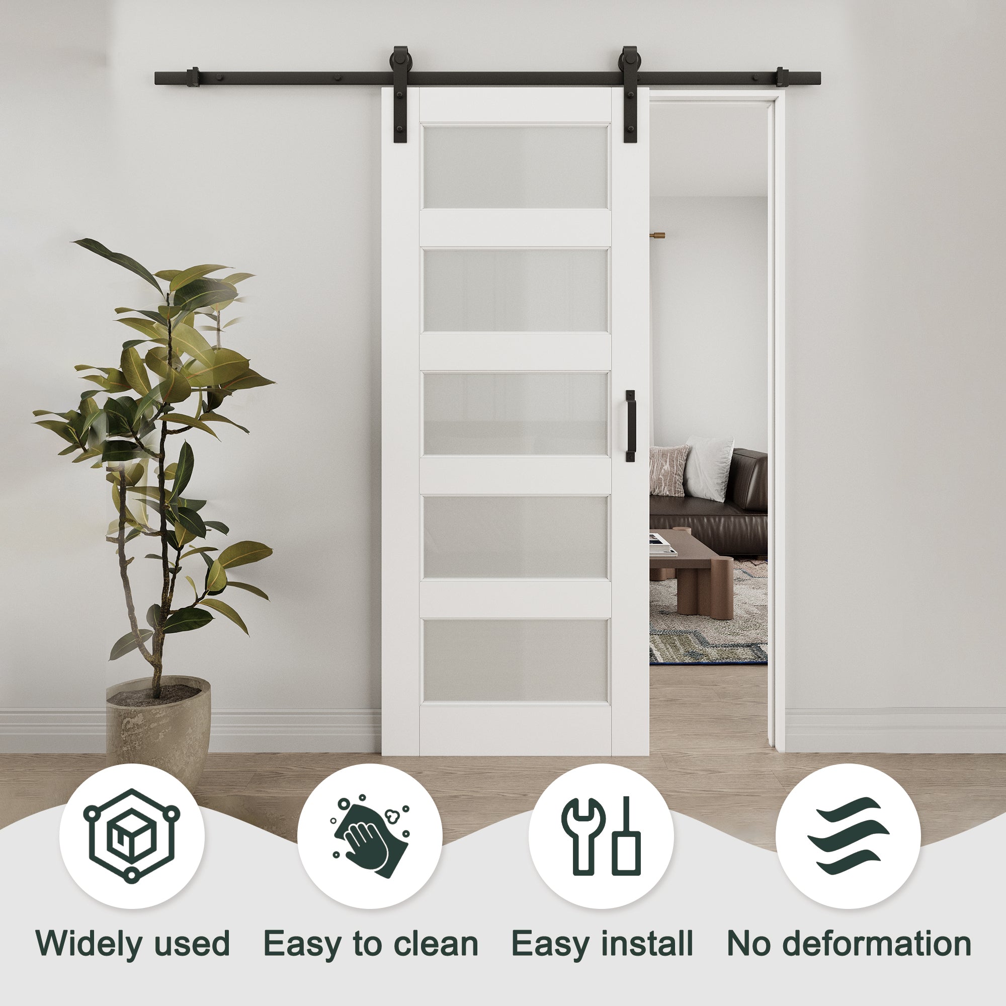 Ark Design 5-Lite Tempered Frosted Glass White Primed MDF Top Mounted Composite Double Sliding Barn Doors with Hardware Kit