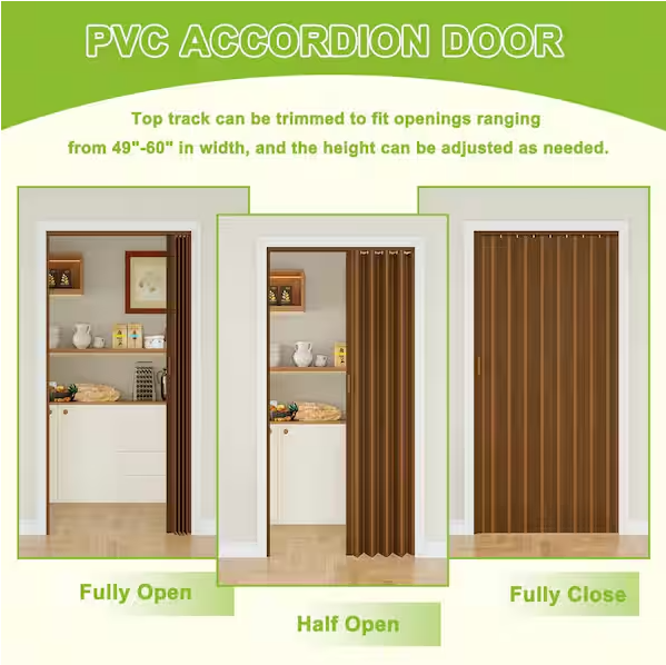 Ark Design Upgrade Single Layer Trimmable Walnut Vinyl Accordion Door with Handles and Magnetic Door Lock
