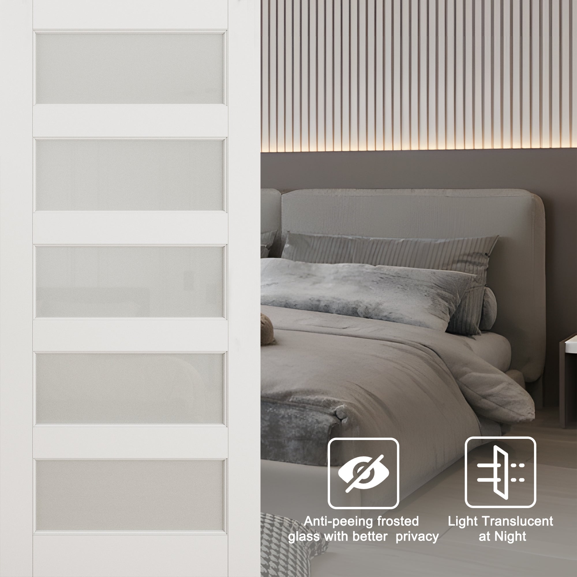 Ark Design 5-Lite Tempered Frosted Glass White Primed MDF Top Mounted Composite Double Sliding Barn Doors with Hardware Kit
