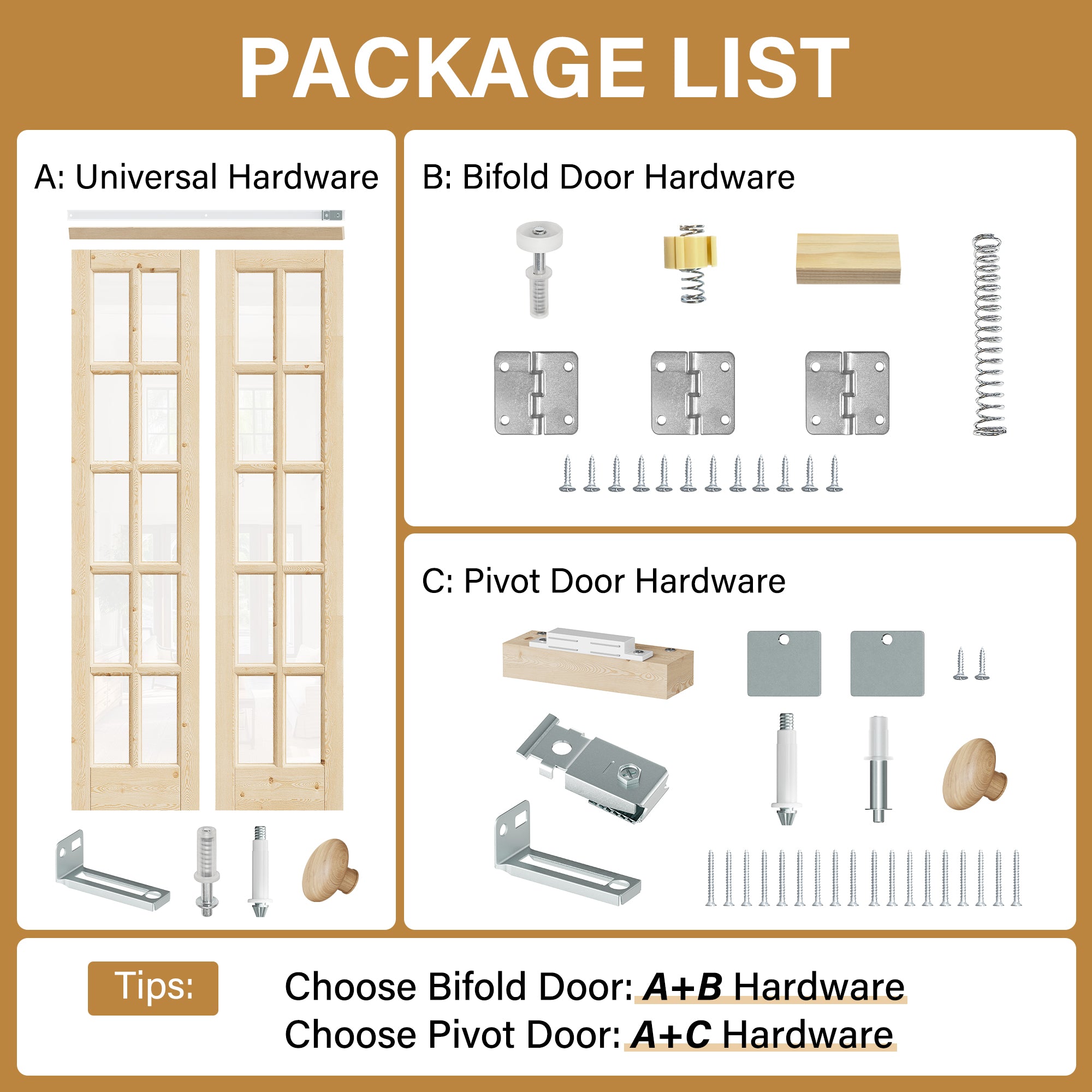 [Two Hardware Kits] Ark Design 10-Lite Pine Wood & Tempered Clear Glass Bifold Door, Bi-fold Door plus Pivot Door W/ 2-Type Hardware, 2-Slabs Solid Core Unfinished & Paintable Door