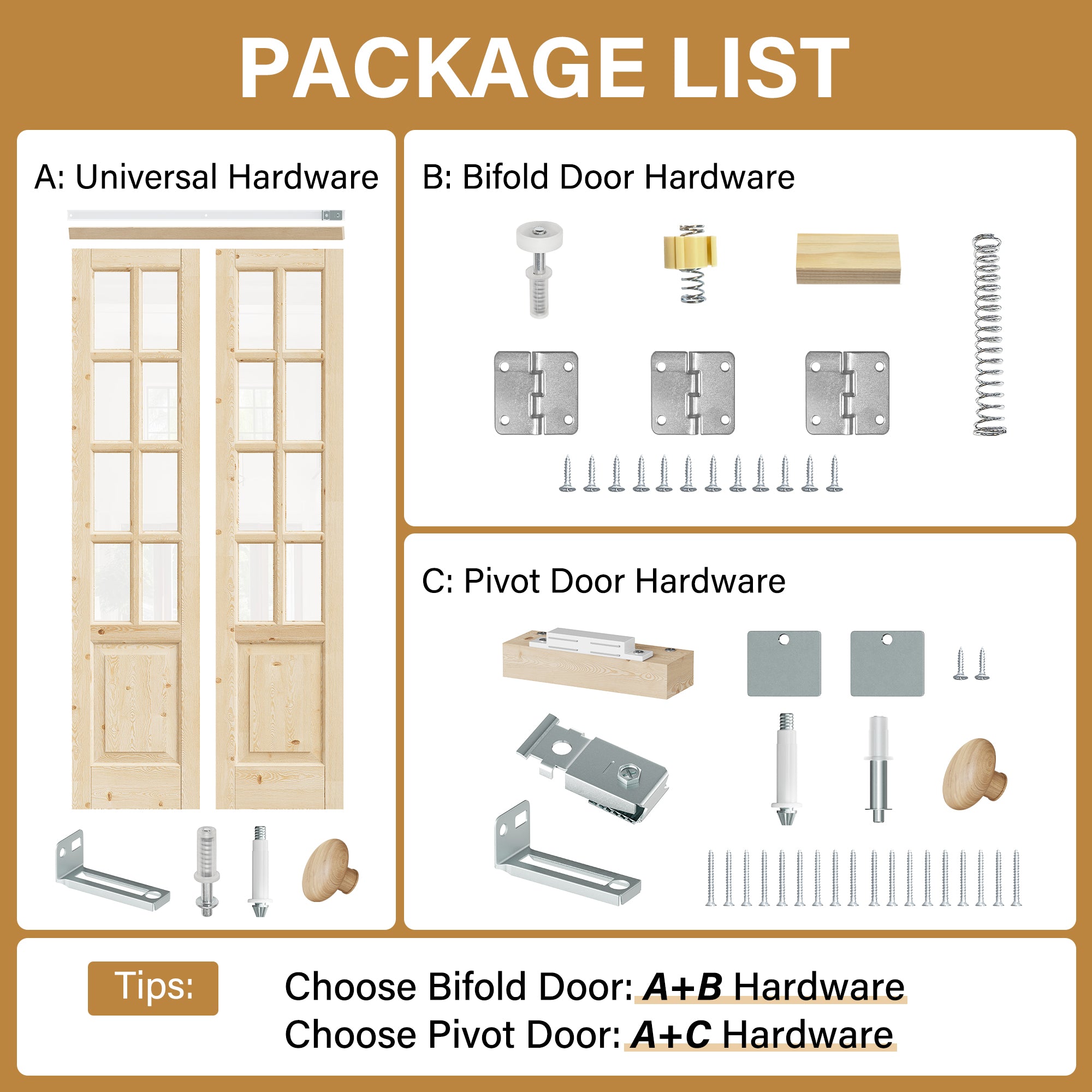 [Two Hardware Kits] Ark Design 8-Lite Pine Wood & Tempered Clear Glass Pivot Door, Bi-fold Door plus Pivot Door W/ 2-Type Hardware, 2-Slabs Solid Core Unfinished & Paintable Door