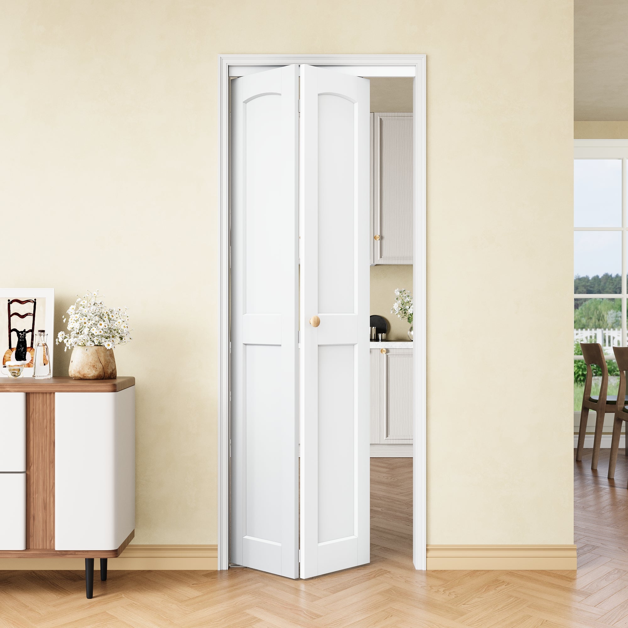 [Two Hardware Kits] Ark Design 2-Panel Arch White Solid Core MDF Bifold Door, Bi-fold Door plus Pivot Door W/ 2-Type Hardware, 2-Slabs Solid Core Prefinished & Paintable Door