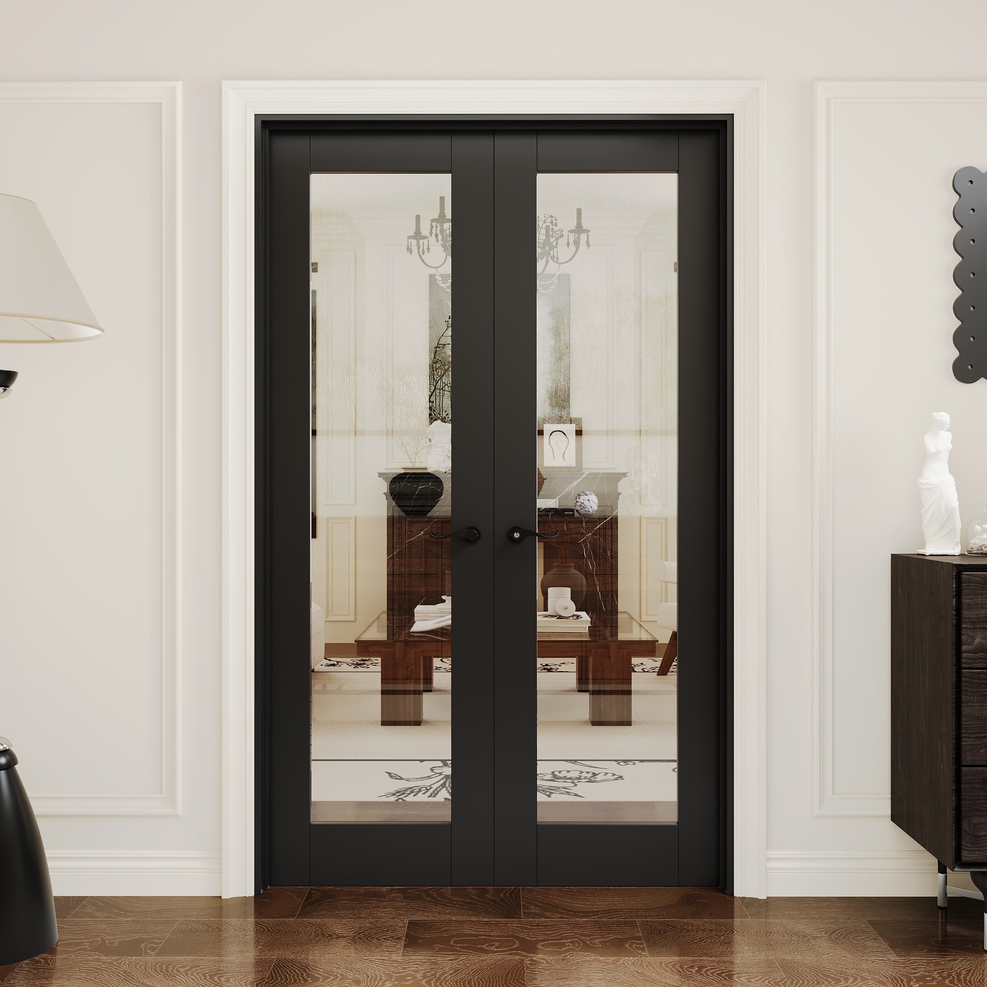 [Black Hardware Prehung French Door Collection] 1-Lite Clear Glass Black Solid Core Double Prehung French Door with Ready-to-Assemble Black Jamb