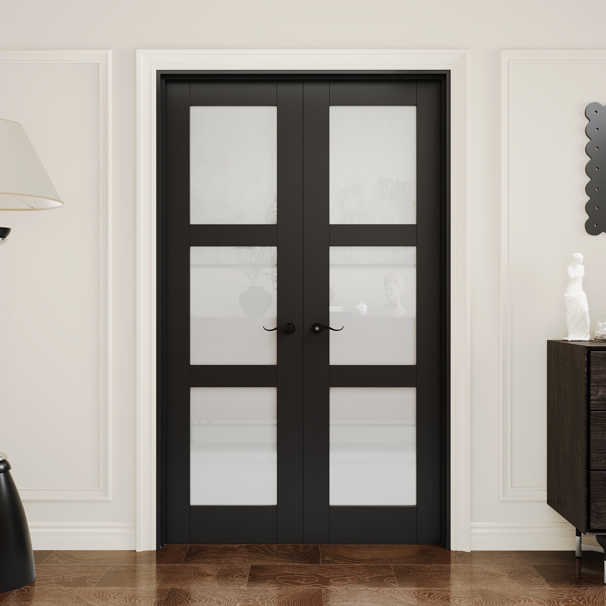 [Black Hardware Prehung French Door Collection] 3-Lite Frosted Glass Black Solid Core Double Prehung French Door with Ready-to-Assemble Black Jamb