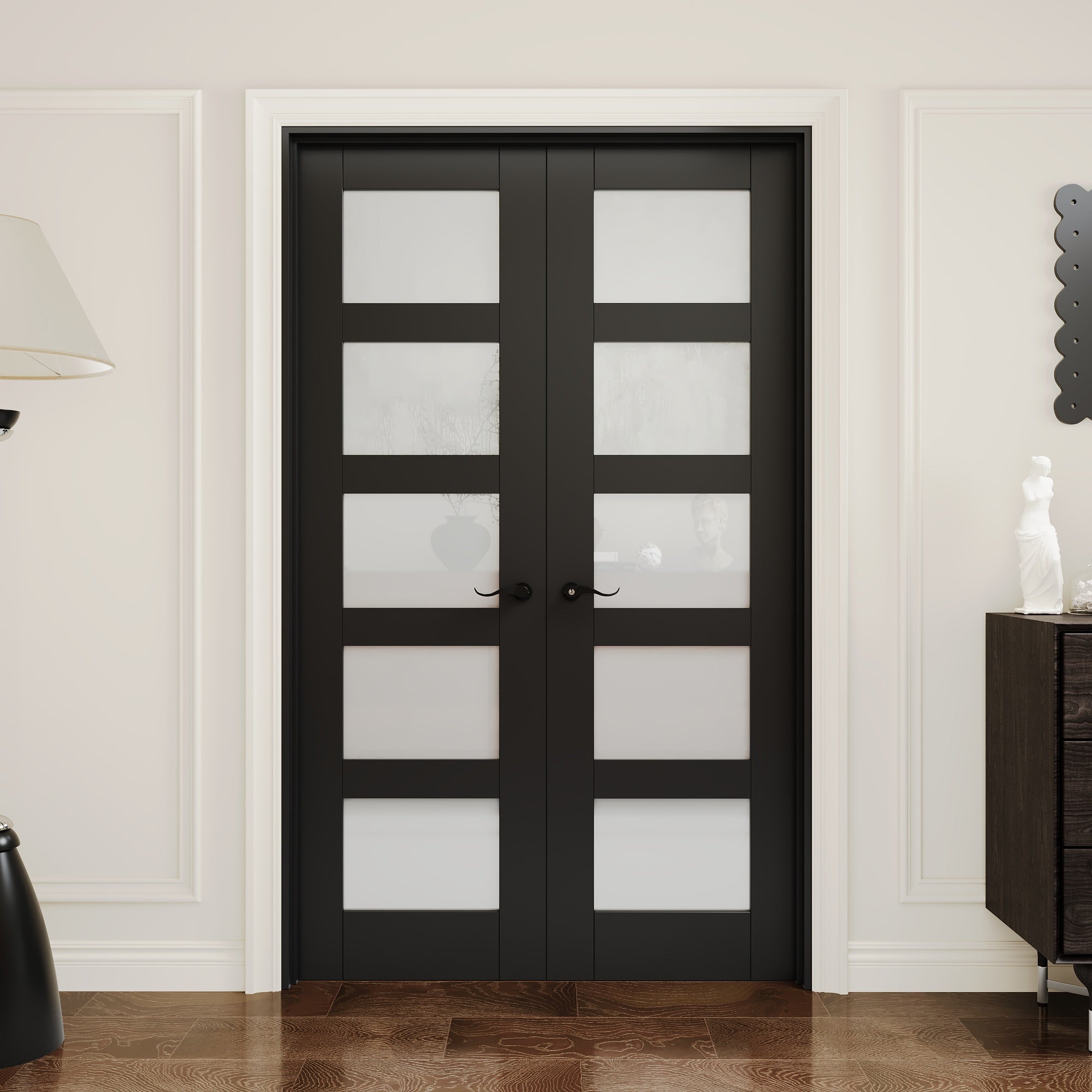 [Black Hardware Prehung French Door Collection] 5-Lite Frosted Glass Black Solid Core Double Prehung French Door with Ready-to-Assemble Black Jamb