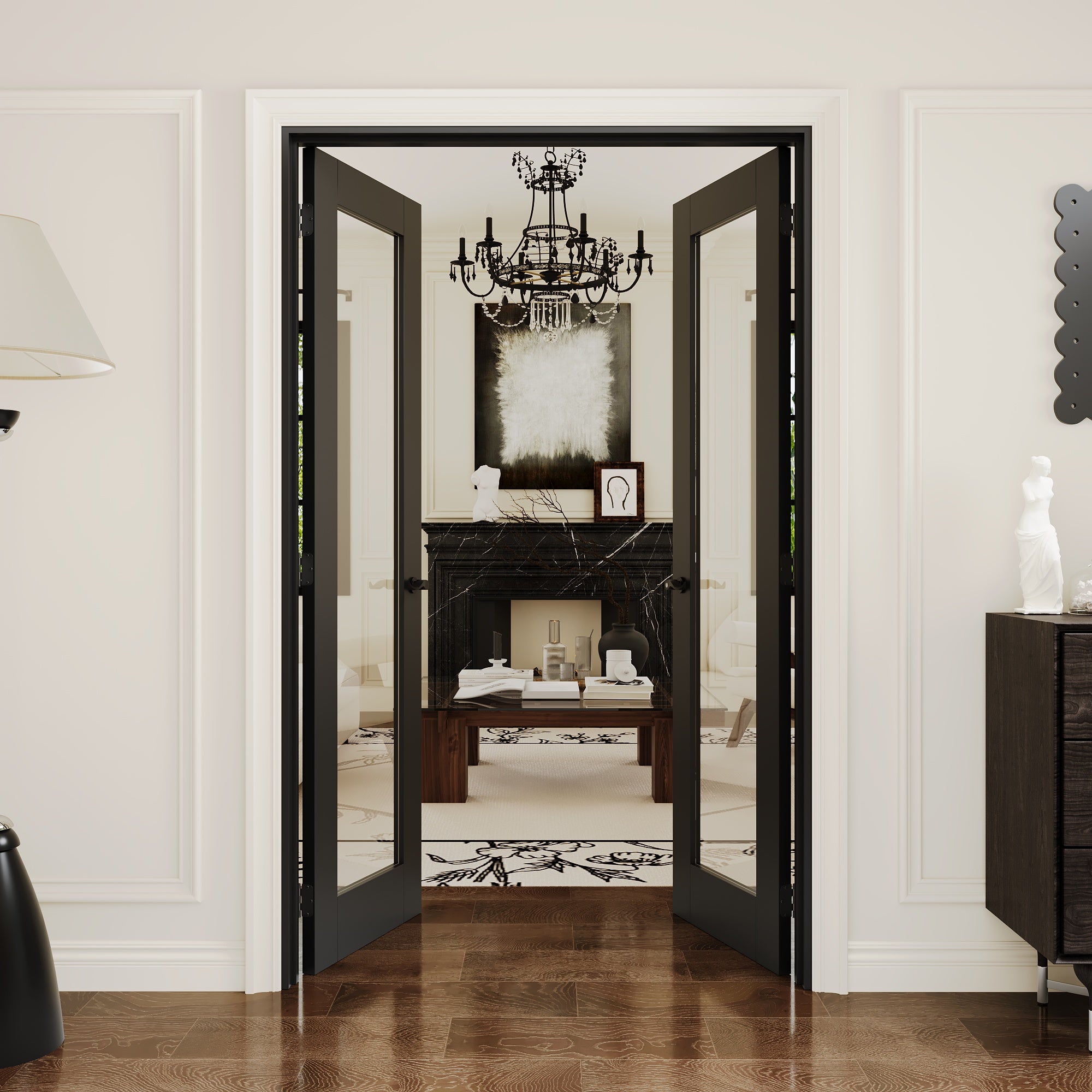 [Black Hardware Prehung French Door Collection] 1-Lite Clear Glass Black Solid Core Double Prehung French Door with Ready-to-Assemble Black Jamb