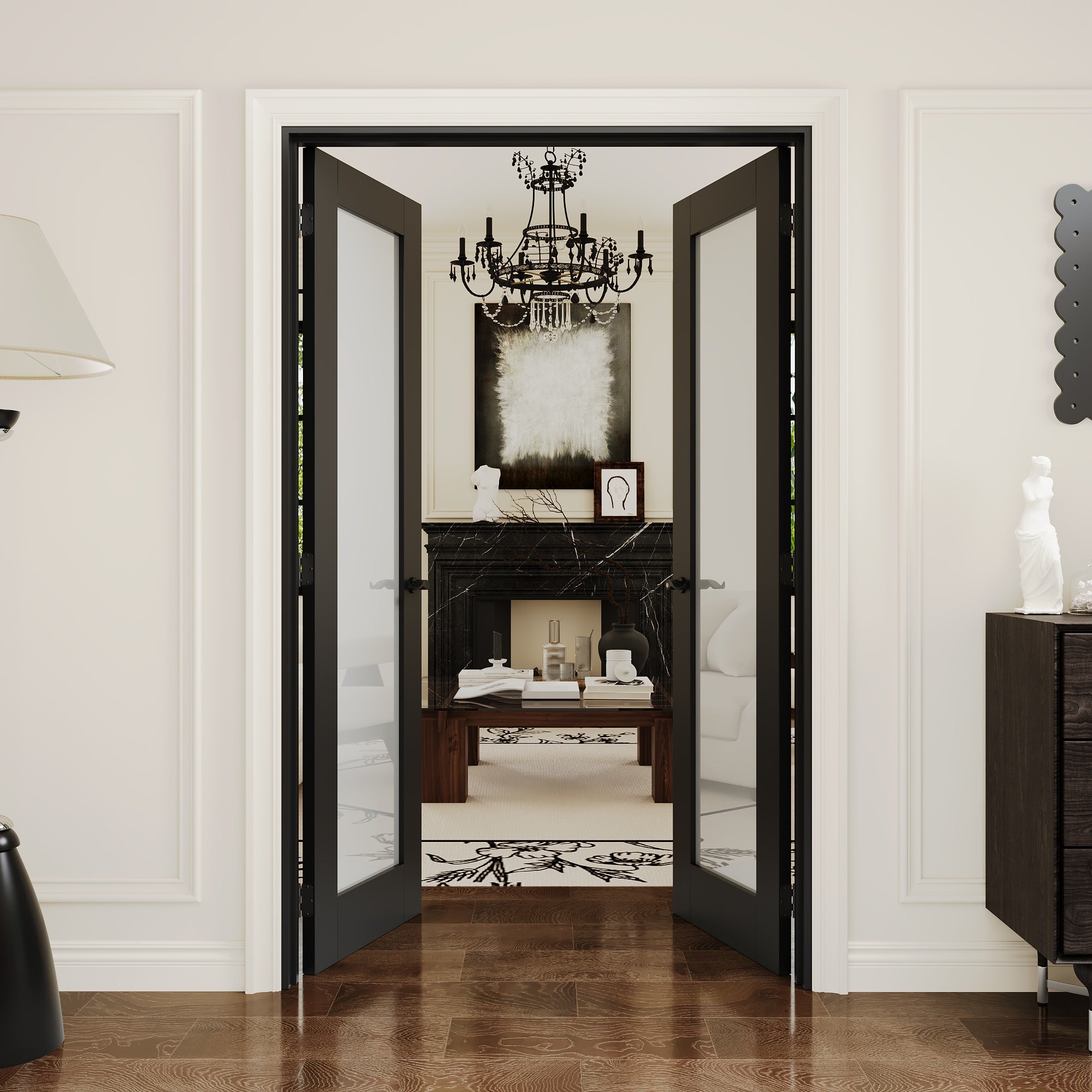 [Black Hardware Prehung French Door Collection] 1-Lite Frosted Glass Black Solid Core Double Prehung French Door with Ready-to-Assemble Black Jamb