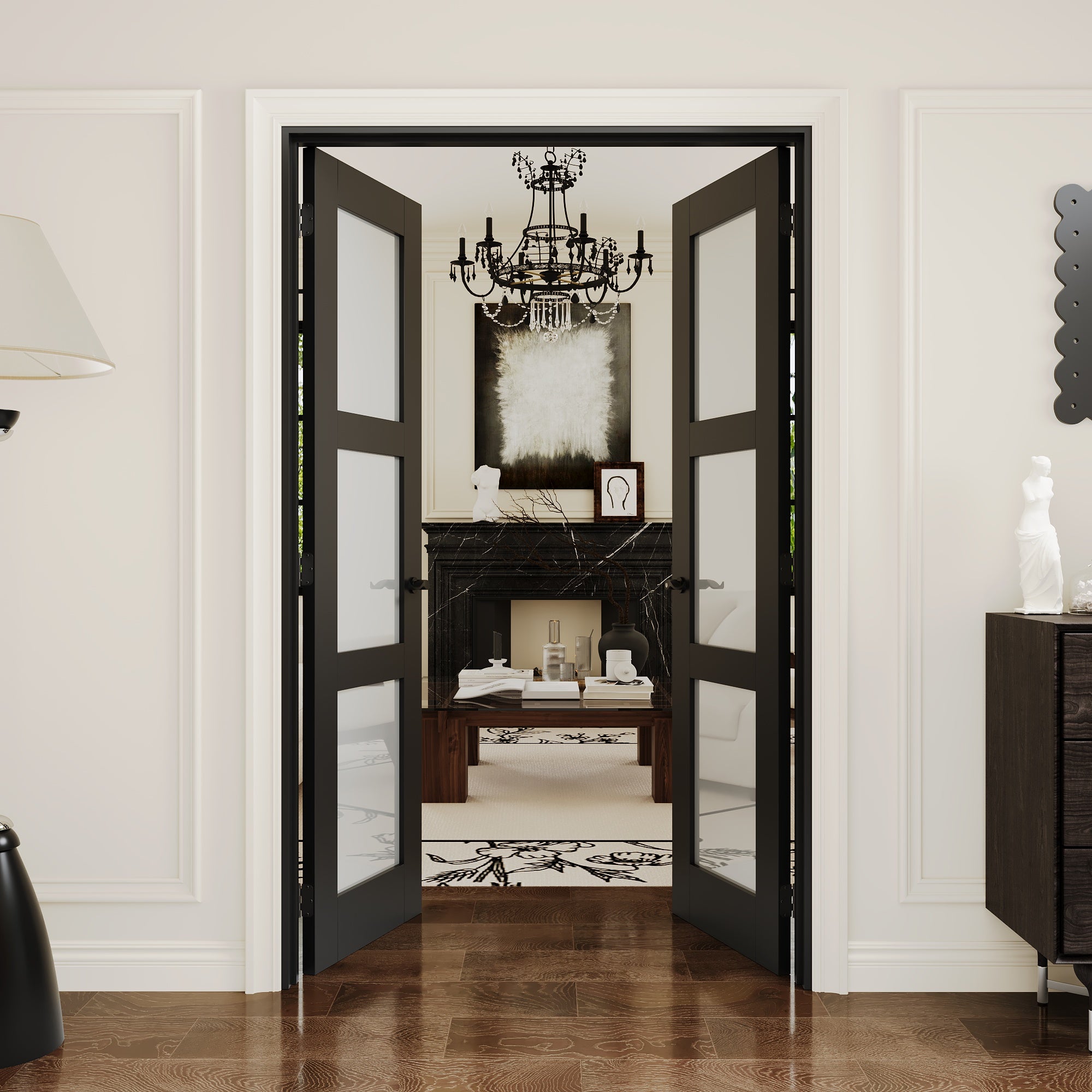 [Black Hardware Prehung French Door Collection] 3-Lite Frosted Glass Black Solid Core Double Prehung French Door with Ready-to-Assemble Black Jamb