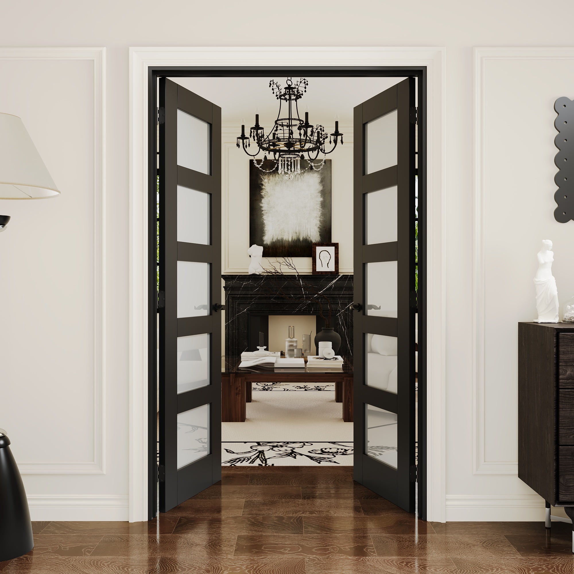 [Black Hardware Prehung French Door Collection] 5-Lite Frosted Glass Black Solid Core Double Prehung French Door with Ready-to-Assemble Black Jamb