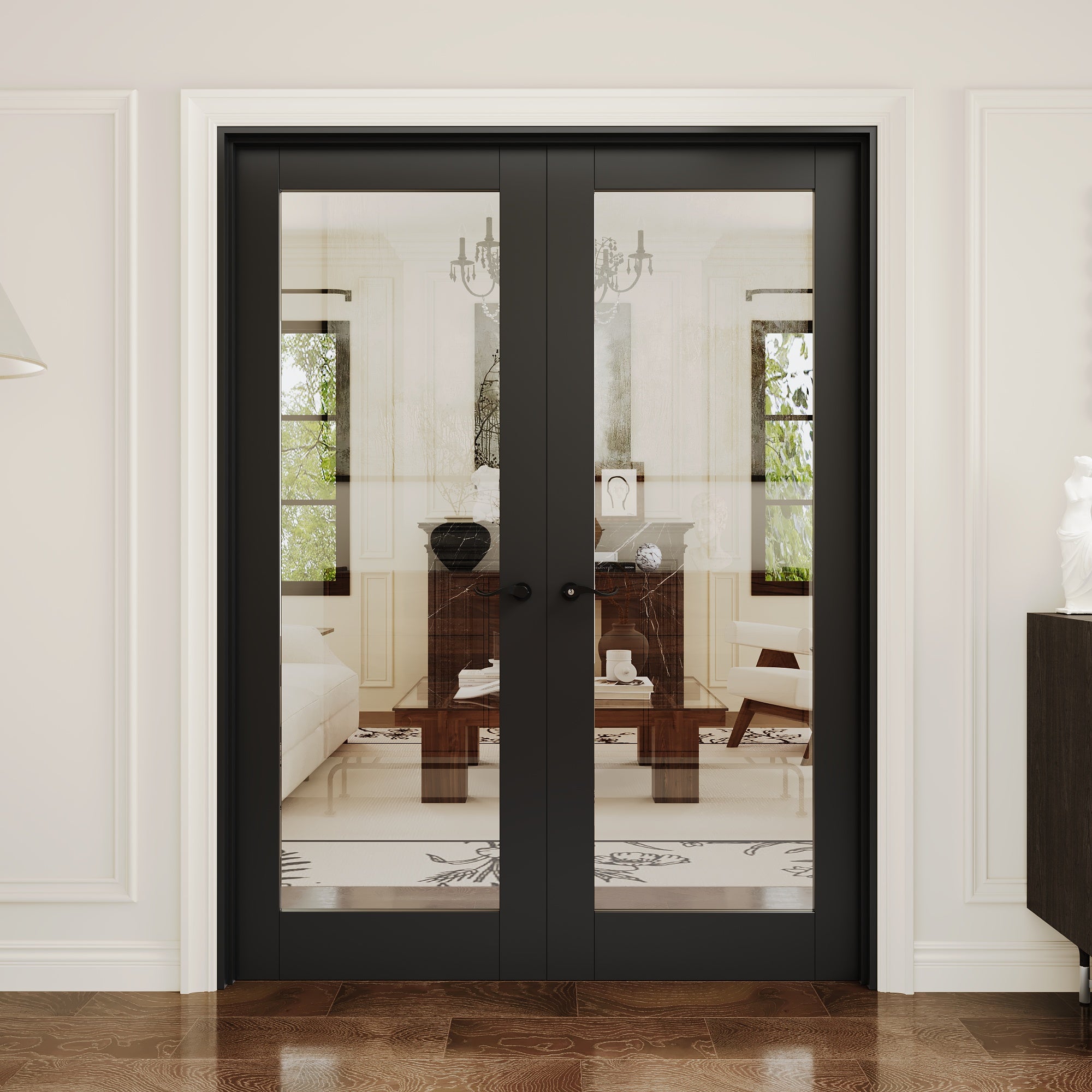 [Black Hardware Prehung French Door Collection] 1-Lite Clear Glass Black Solid Core Double Prehung French Door with Ready-to-Assemble Black Jamb