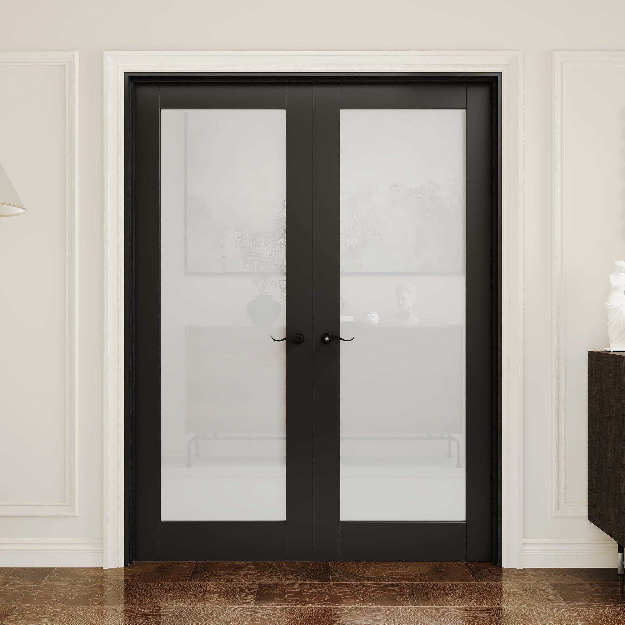 [Black Hardware Prehung French Door Collection] 1-Lite Frosted Glass Black Solid Core Double Prehung French Door with Ready-to-Assemble Black Jamb