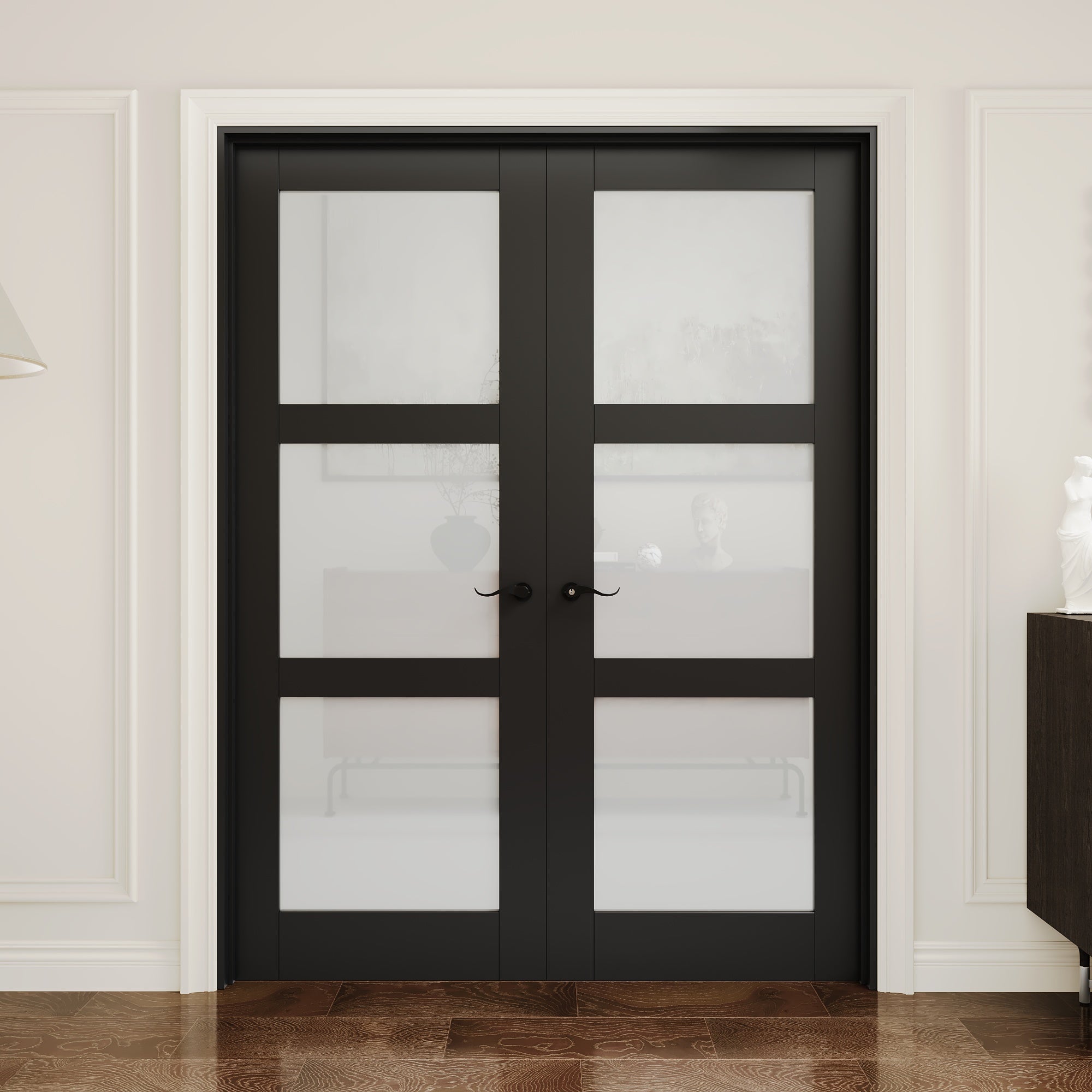 [Black Hardware Prehung French Door Collection] 3-Lite Frosted Glass Black Solid Core Double Prehung French Door with Ready-to-Assemble Black Jamb
