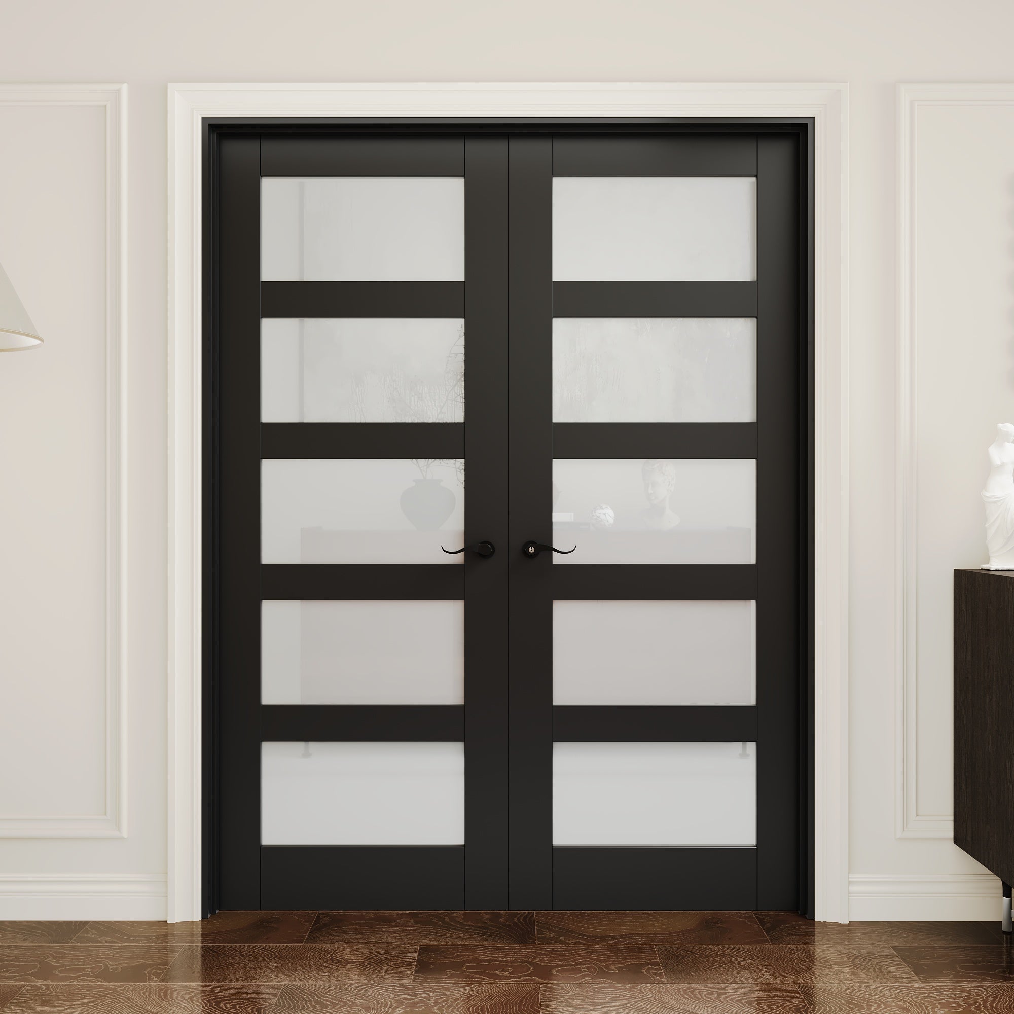 [Black Hardware Prehung French Door Collection] 5-Lite Frosted Glass Black Solid Core Double Prehung French Door with Ready-to-Assemble Black Jamb