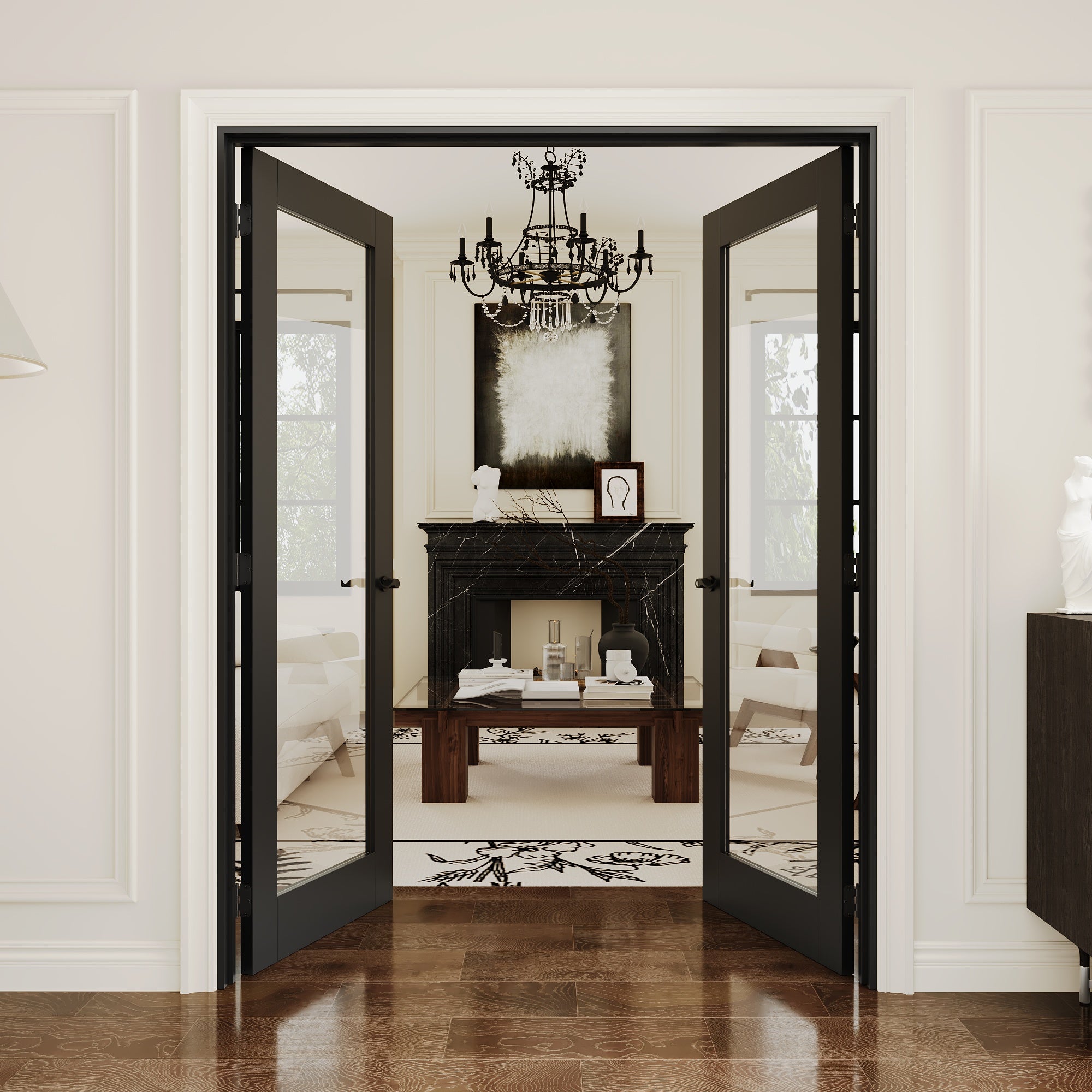 [Black Hardware Prehung French Door Collection] 1-Lite Clear Glass Black Solid Core Double Prehung French Door with Ready-to-Assemble Black Jamb