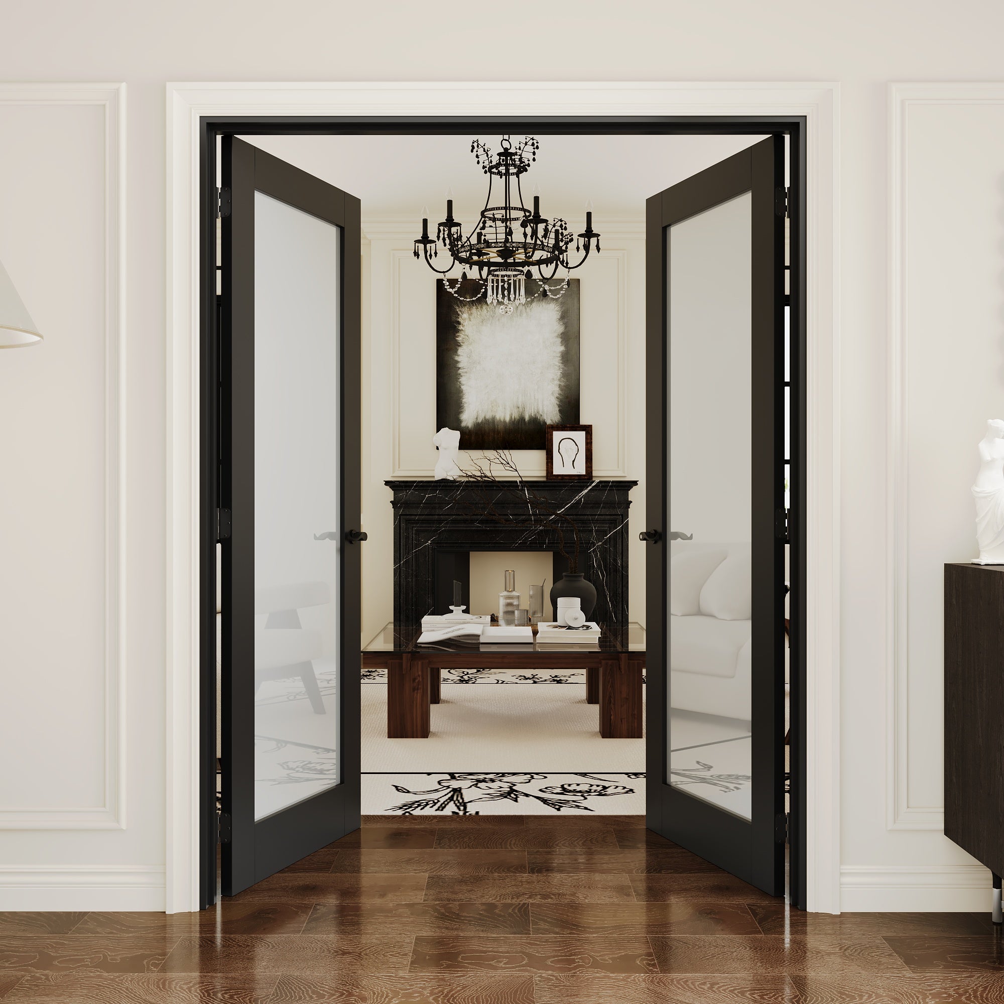 [Black Hardware Prehung French Door Collection] 1-Lite Frosted Glass Black Solid Core Double Prehung French Door with Ready-to-Assemble Black Jamb