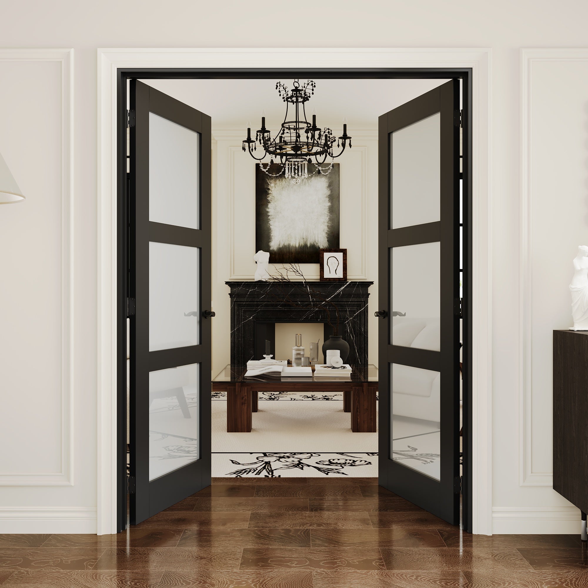 [Black Hardware Prehung French Door Collection] 3-Lite Frosted Glass Black Solid Core Double Prehung French Door with Ready-to-Assemble Black Jamb