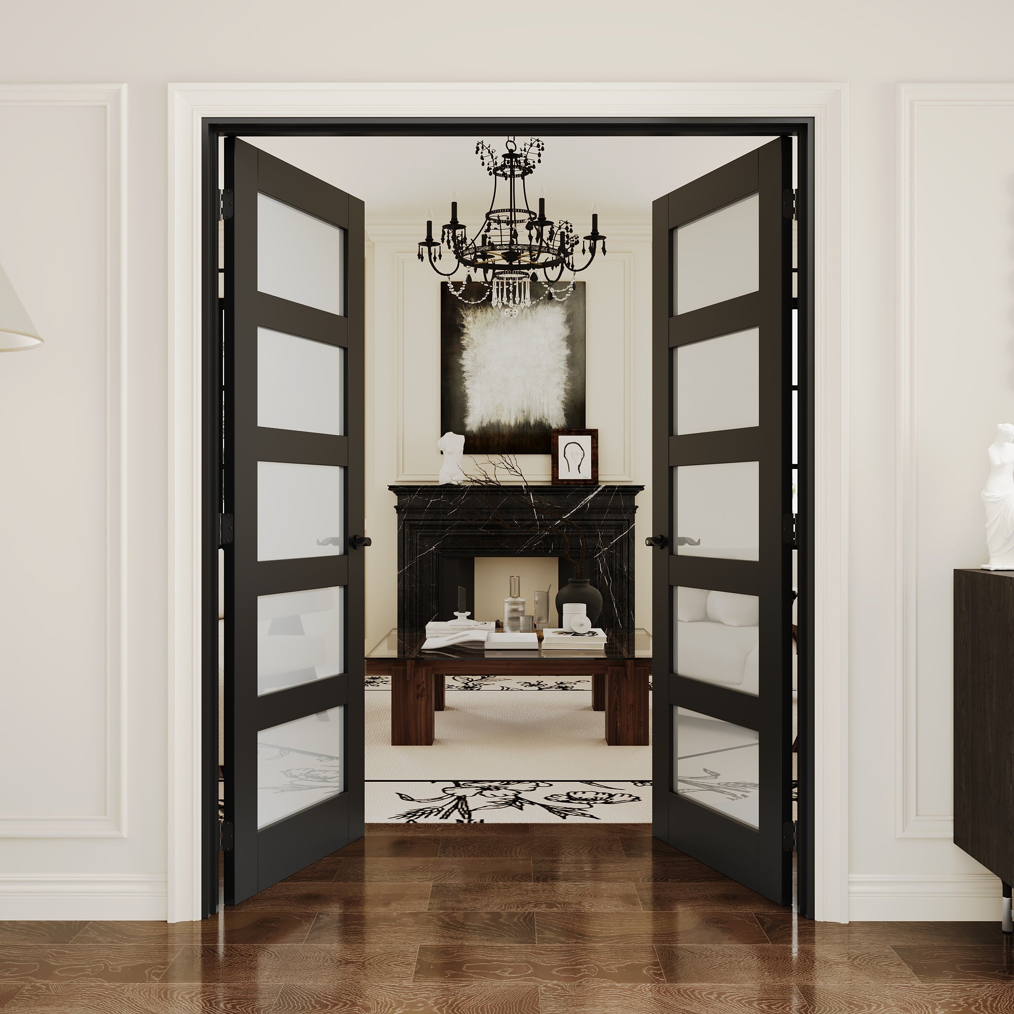 [Black Hardware Prehung French Door Collection] 5-Lite Frosted Glass Black Solid Core Double Prehung French Door with Ready-to-Assemble Black Jamb