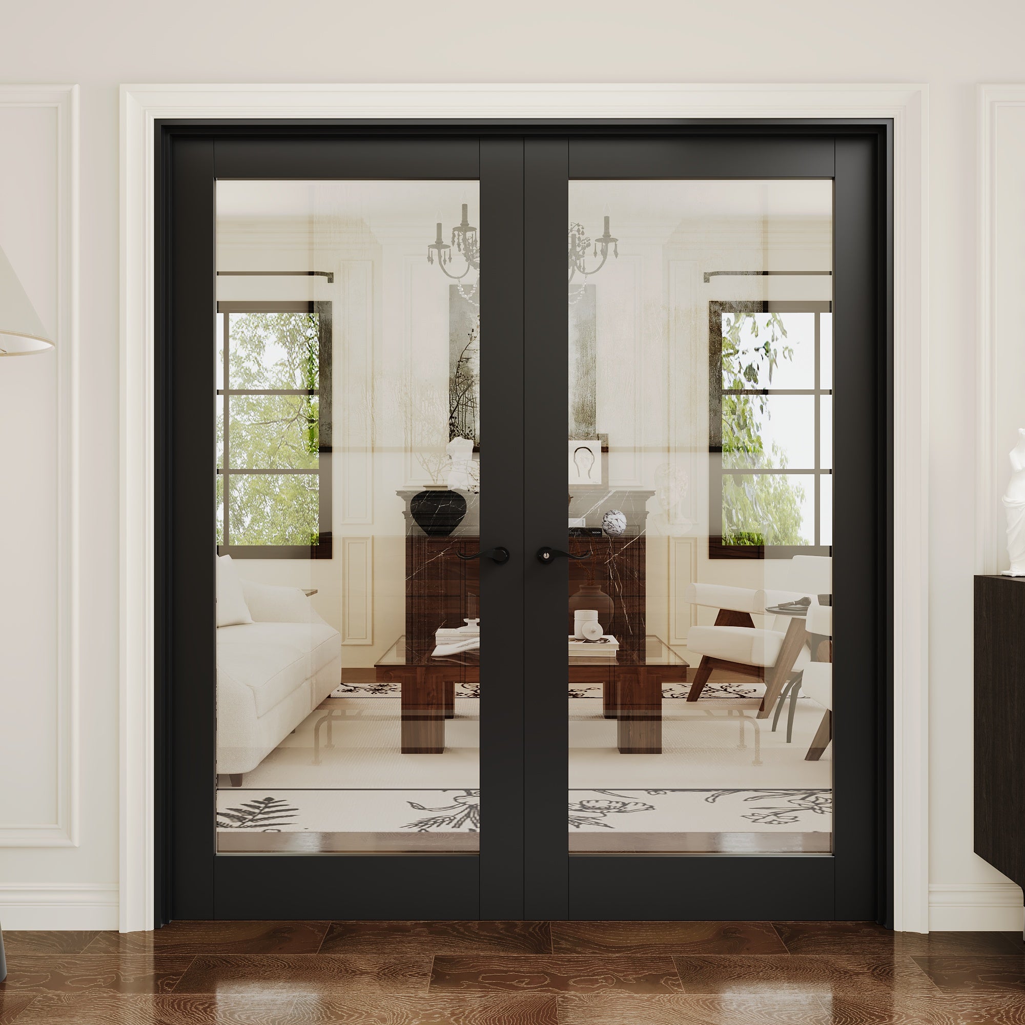 [Black Hardware Prehung French Door Collection] 1-Lite Clear Glass Black Solid Core Double Prehung French Door with Ready-to-Assemble Black Jamb