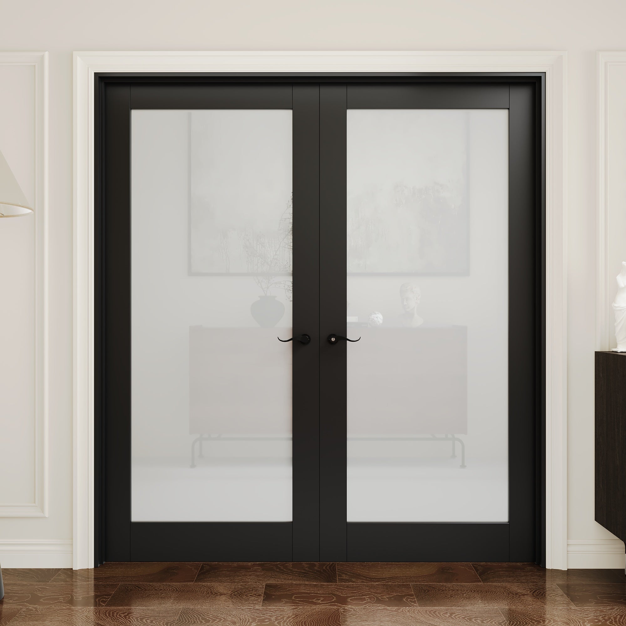[Black Hardware Prehung French Door Collection] 1-Lite Frosted Glass Black Solid Core Double Prehung French Door with Ready-to-Assemble Black Jamb